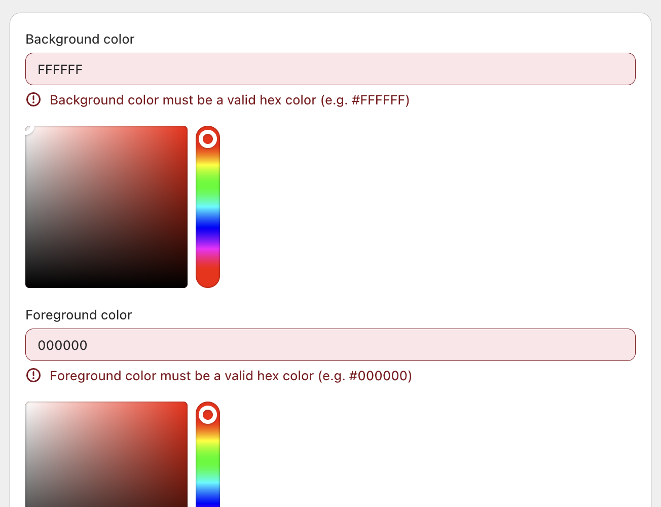 QuiQR Codes Edit QR Code screen showing validation errors for Background color and Foreground color when the # symbol is missing from hex values