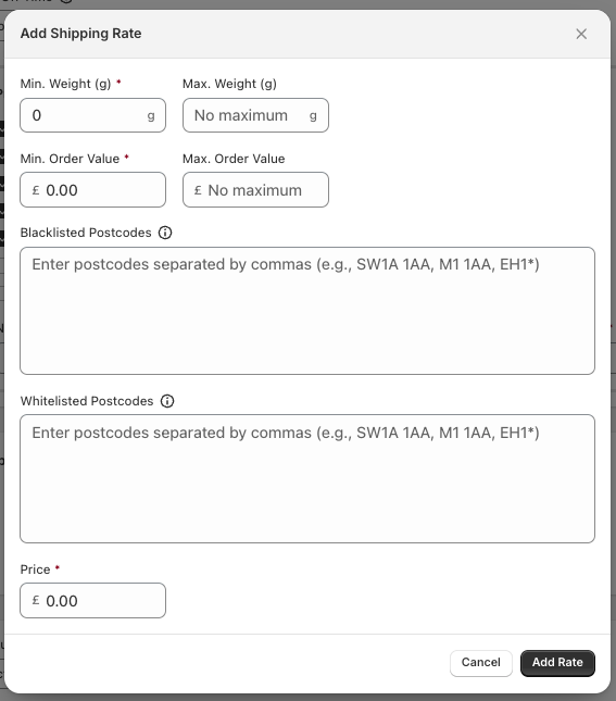Add Shipping Rate popup in Zonal showing weight, order value, postcode, and price fields