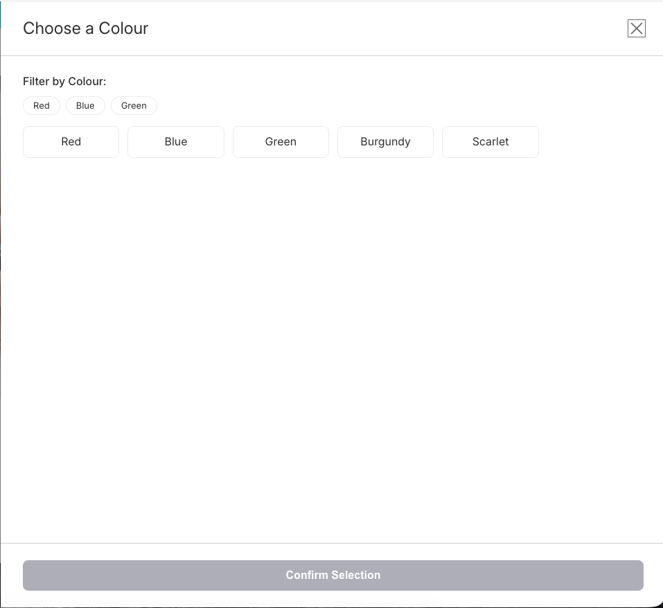 Storefront modal in Blueprint showing filter chips for Colour before a customer chooses a value