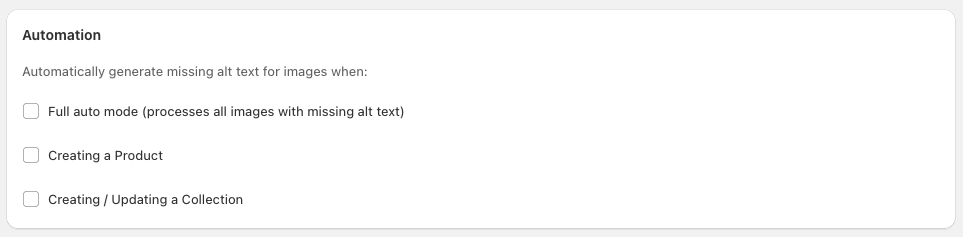 SmartAlt Settings page showing the Automation section with Full auto mode, Creating a Product, and Creating / Updating a Collection options