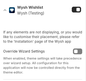 Wysh Wishlist block settings showing the Override Wizard Settings toggle