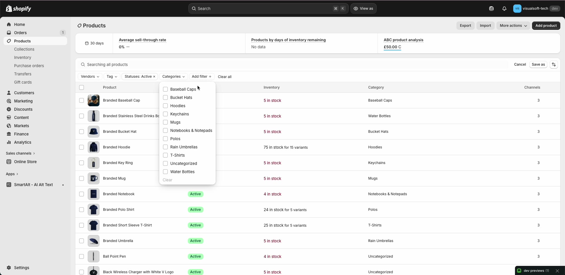 Categories filter dropdown open on Shopify Products page