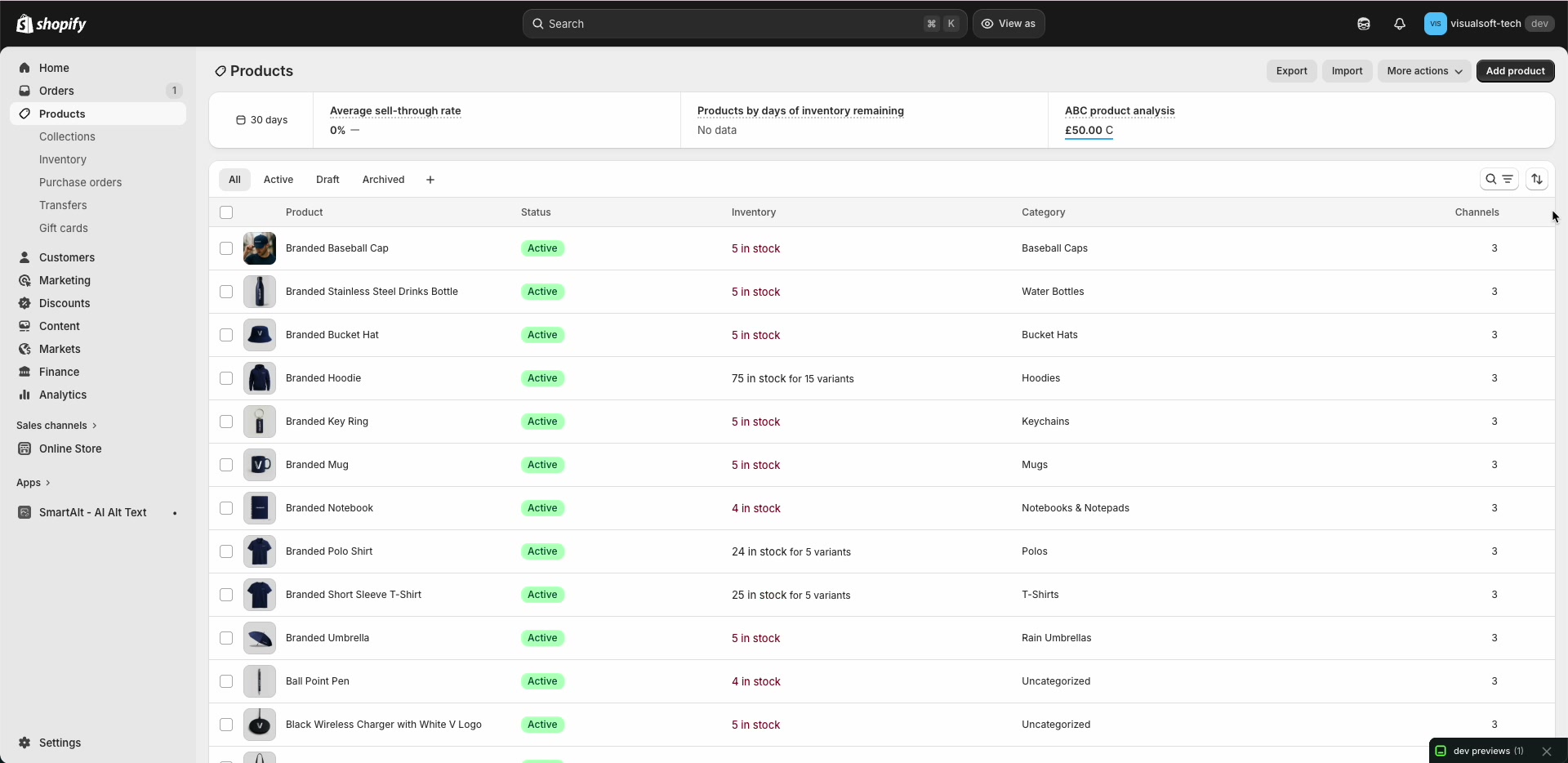 Shopify admin Products page showing product list with Status, Inventory, and Category columns