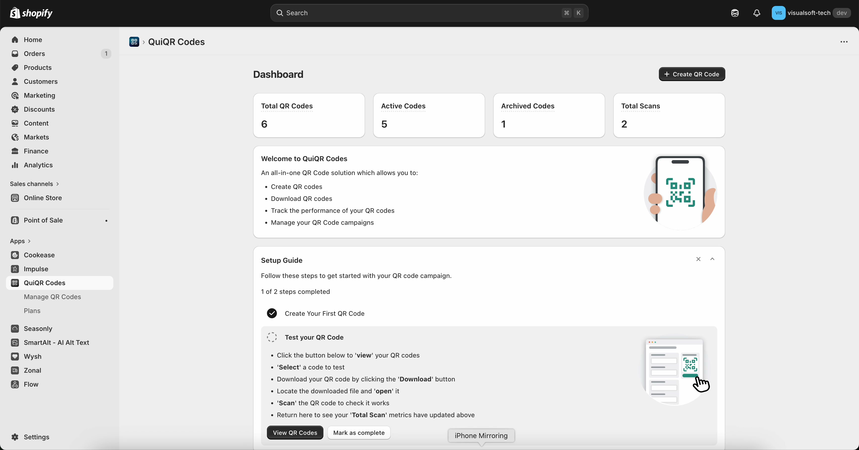 QuiQR Codes dashboard showing stats tiles and a Create QR Code button