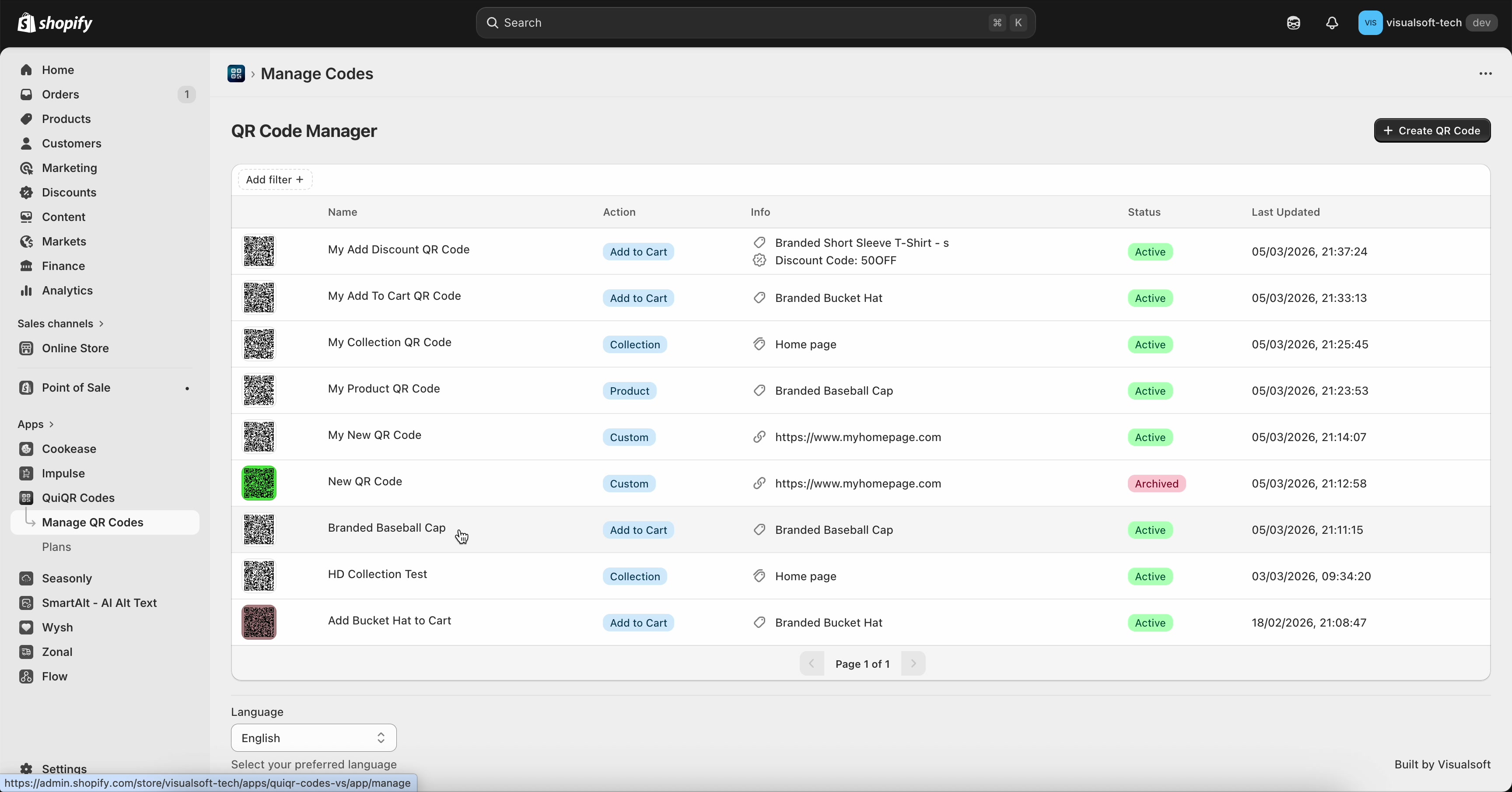 QR Code Manager page showing a list of QR codes with status and last updated