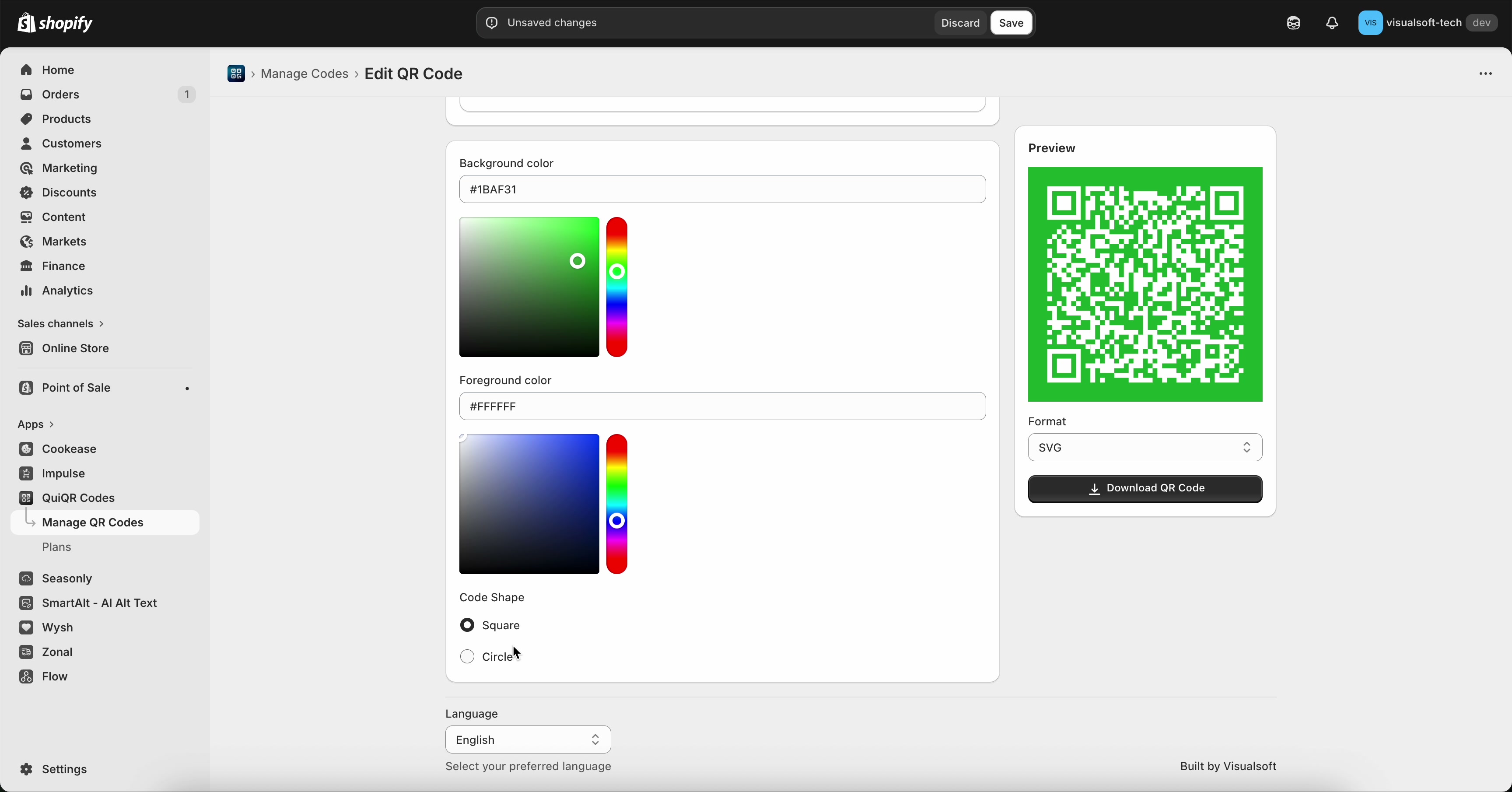 Edit QR Code customization section showing background and foreground color pickers and Code Shape options (Square, Circle) with an updated preview
