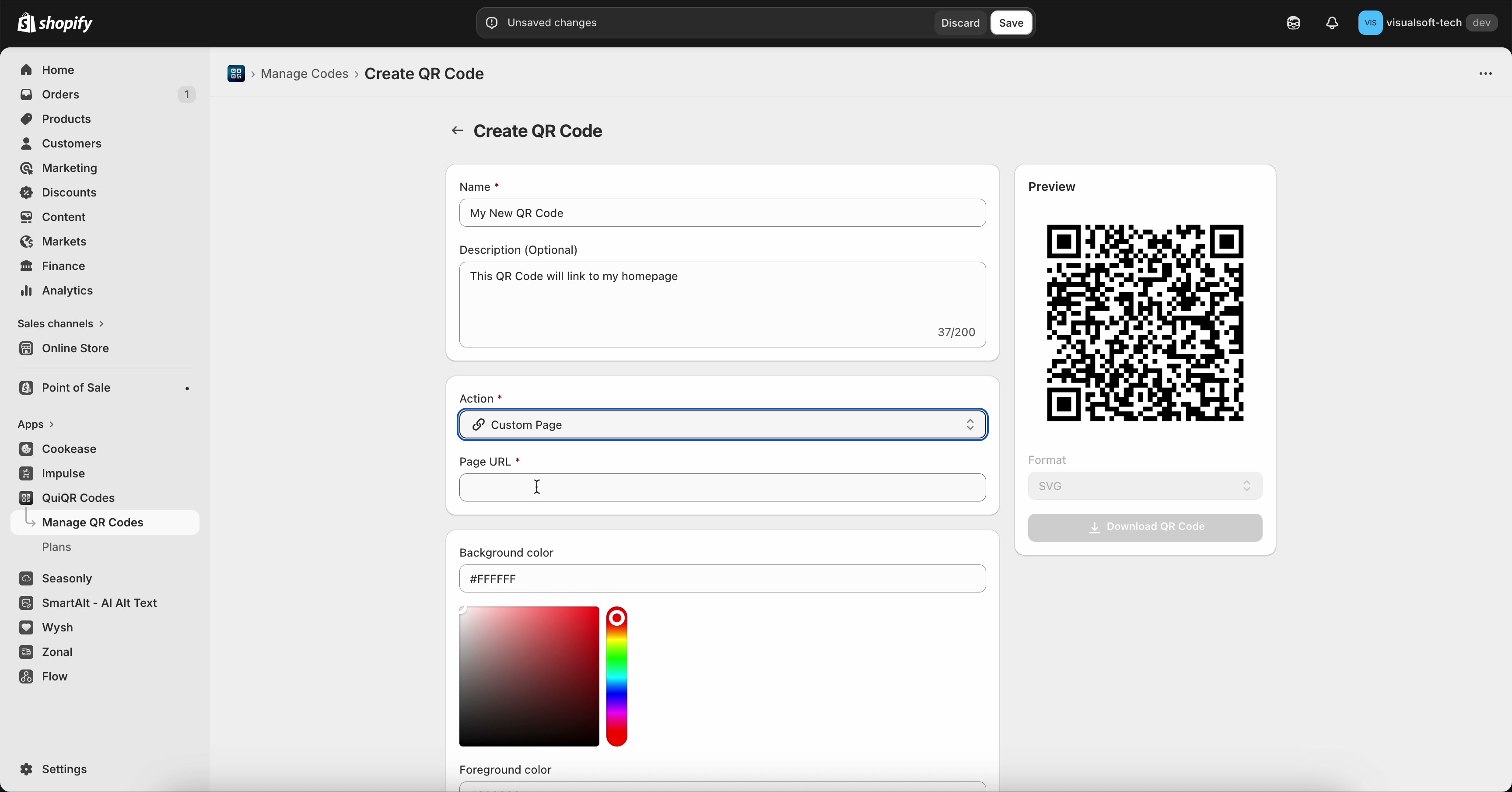 Action field set to Custom Page with Page URL input shown
