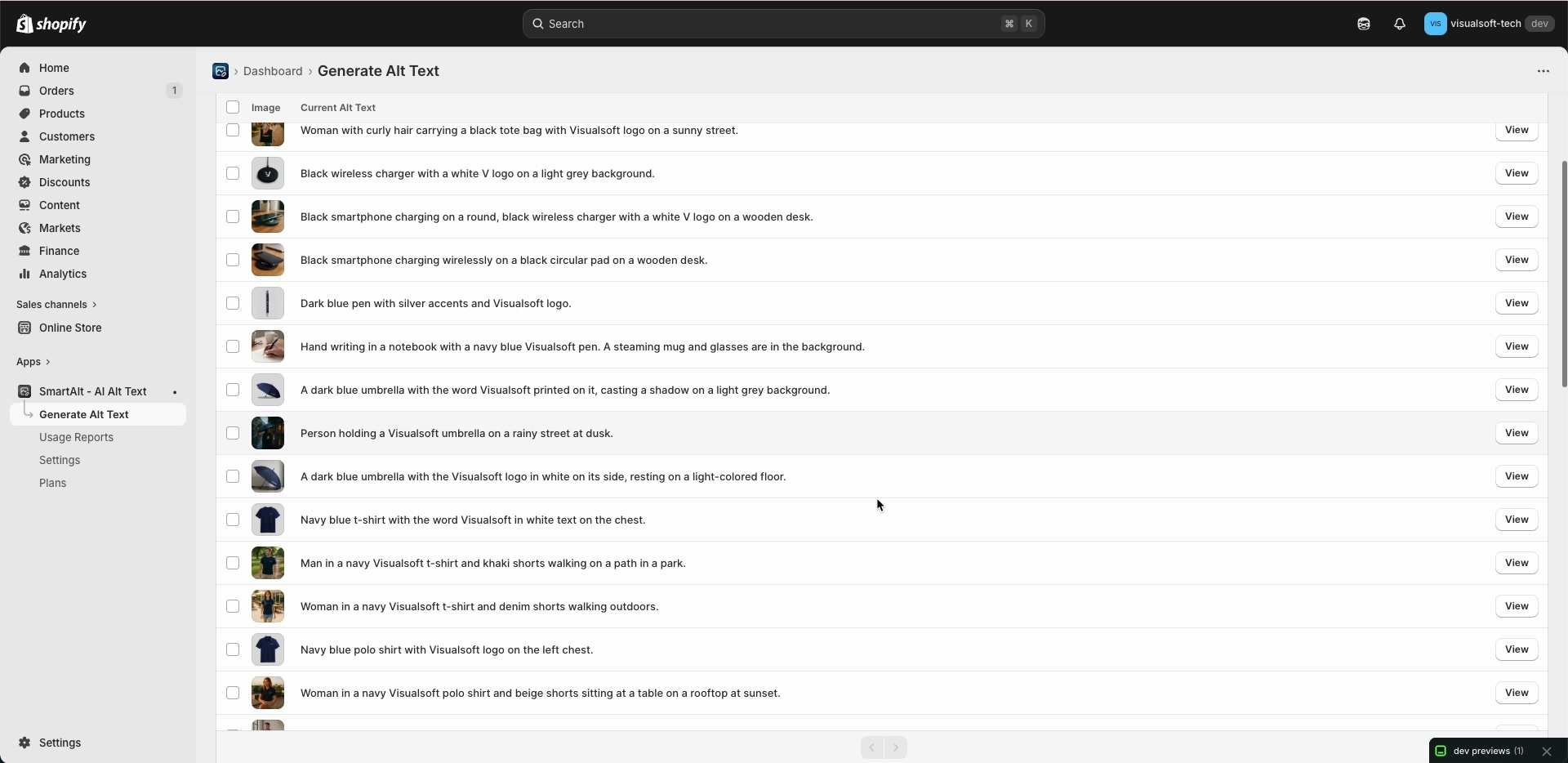 SmartAlt Generate Alt Text results page showing generated alt text list with View buttons