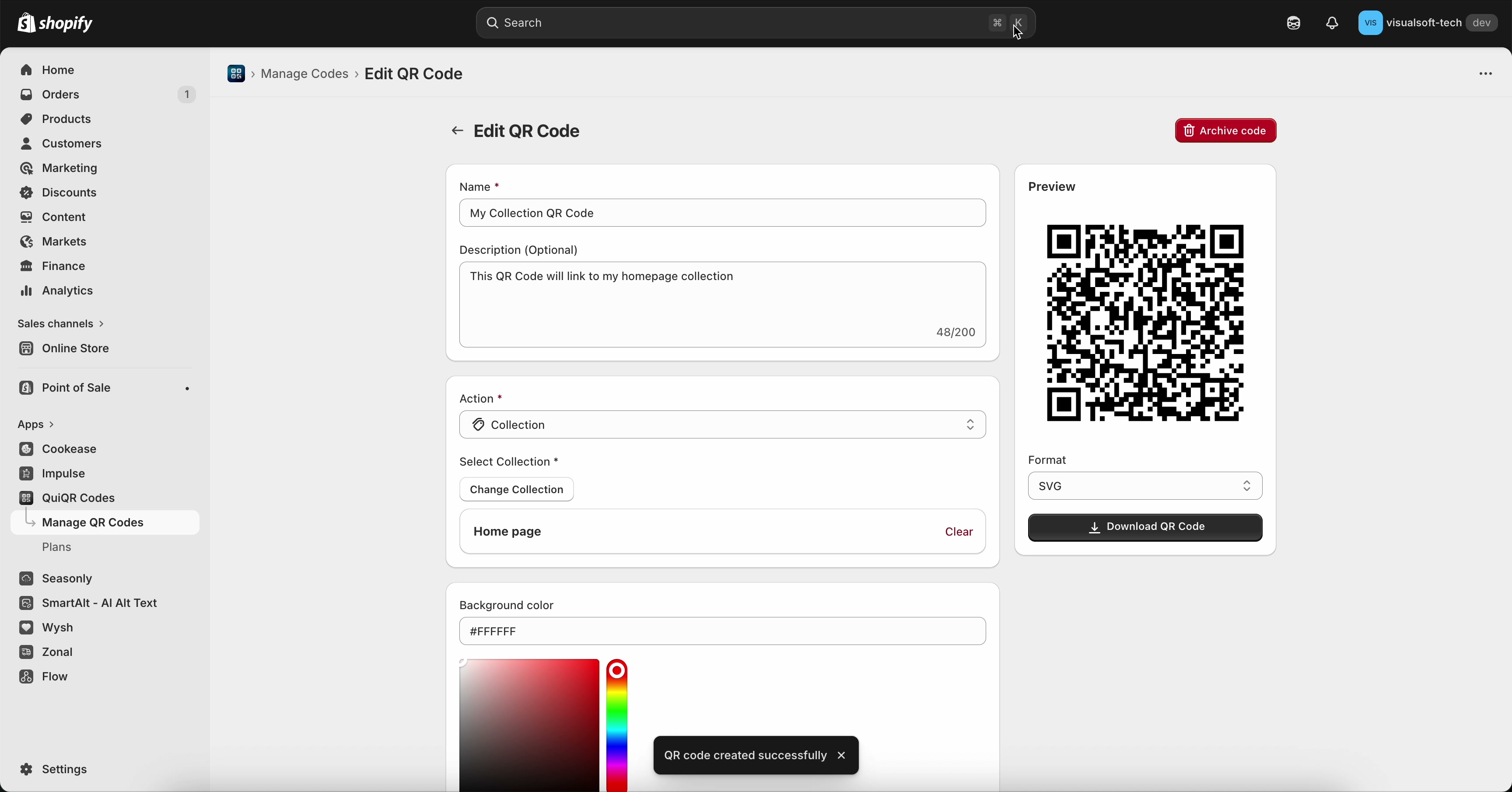 Edit QR Code page showing selected collection, QR preview, Format dropdown, and Download QR Code button