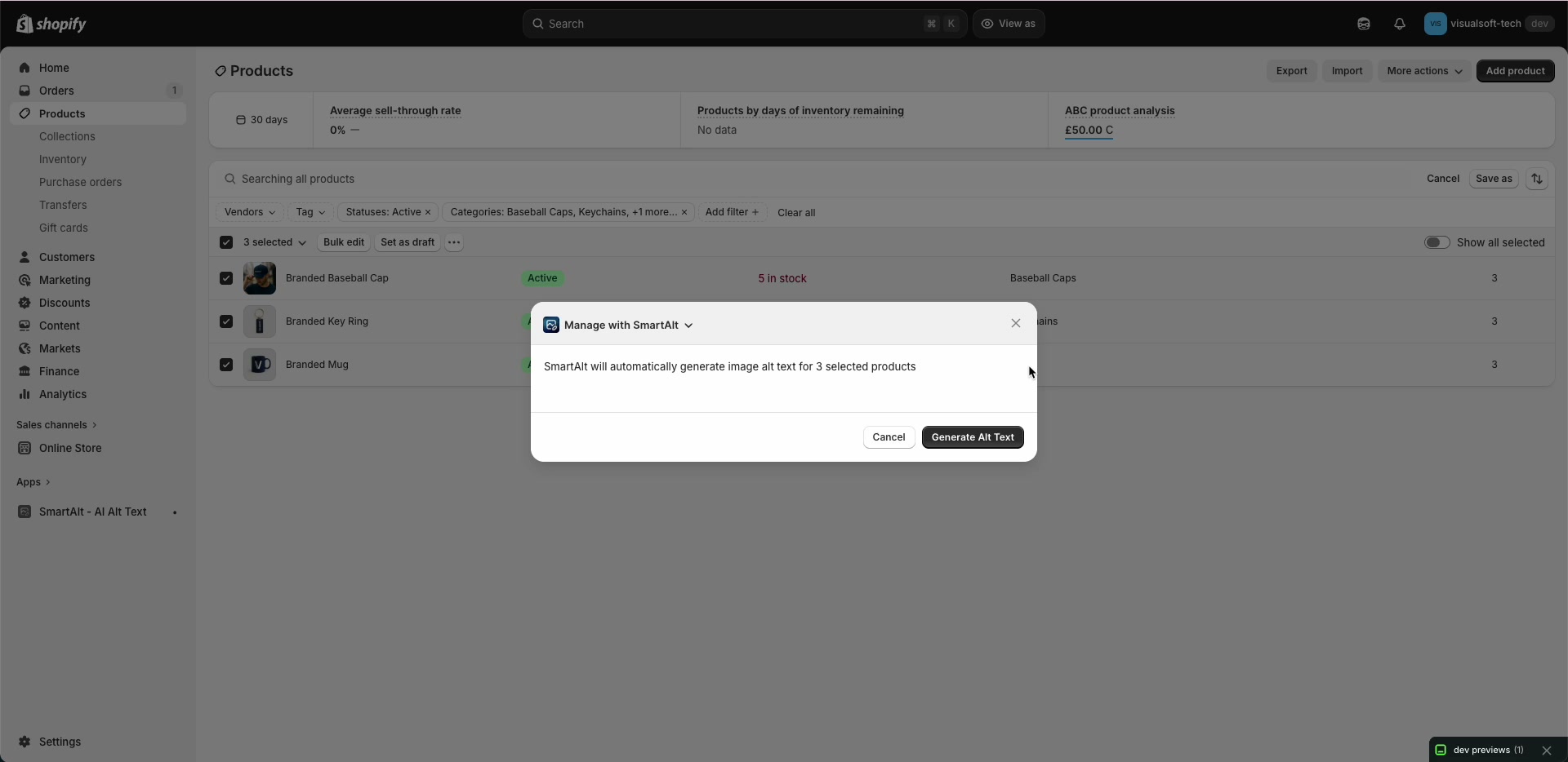Manage with SmartAlt confirmation modal with Generate Alt Text button