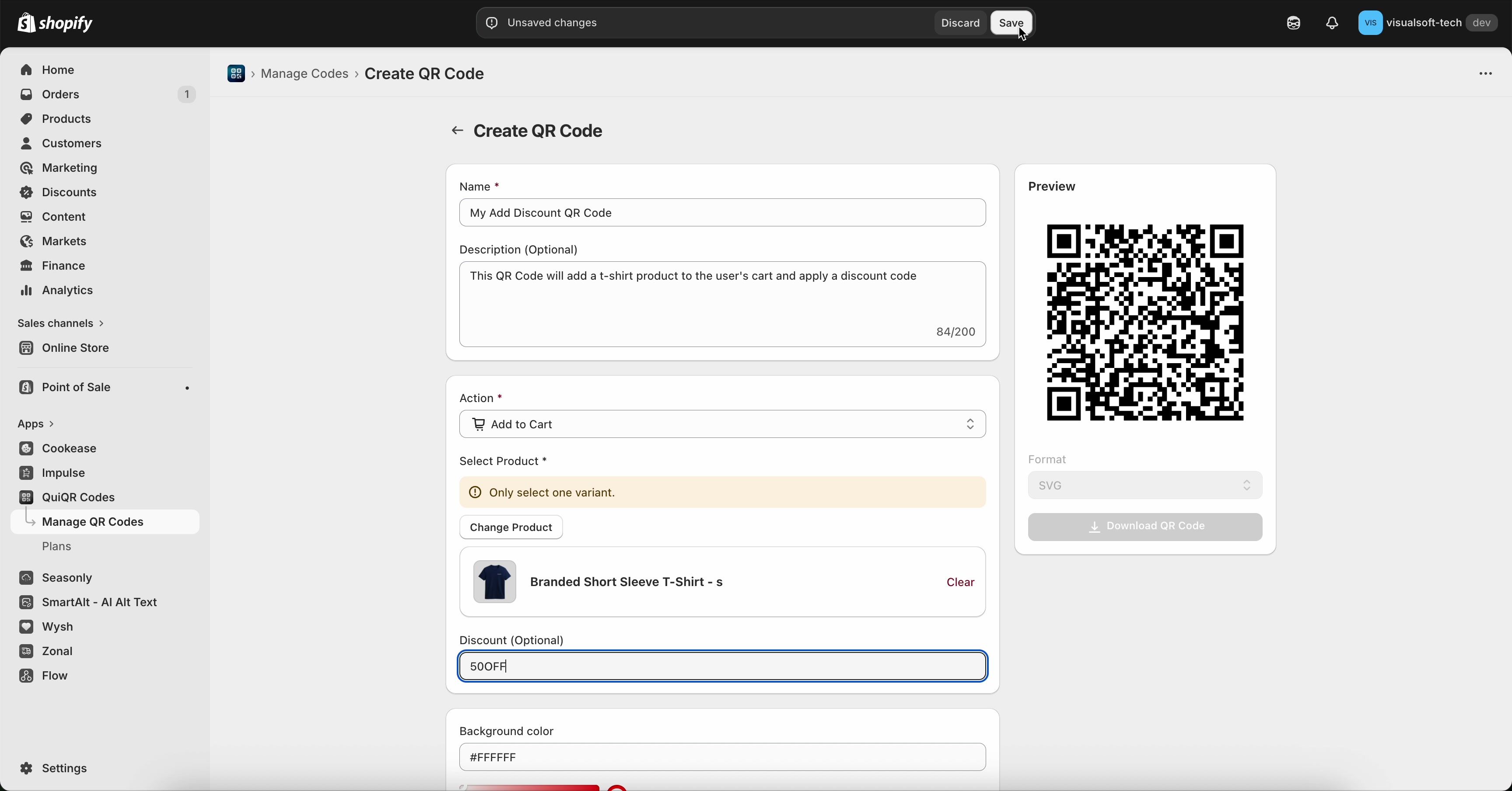 Discount (Optional) field filled in and Save button visible in the top bar