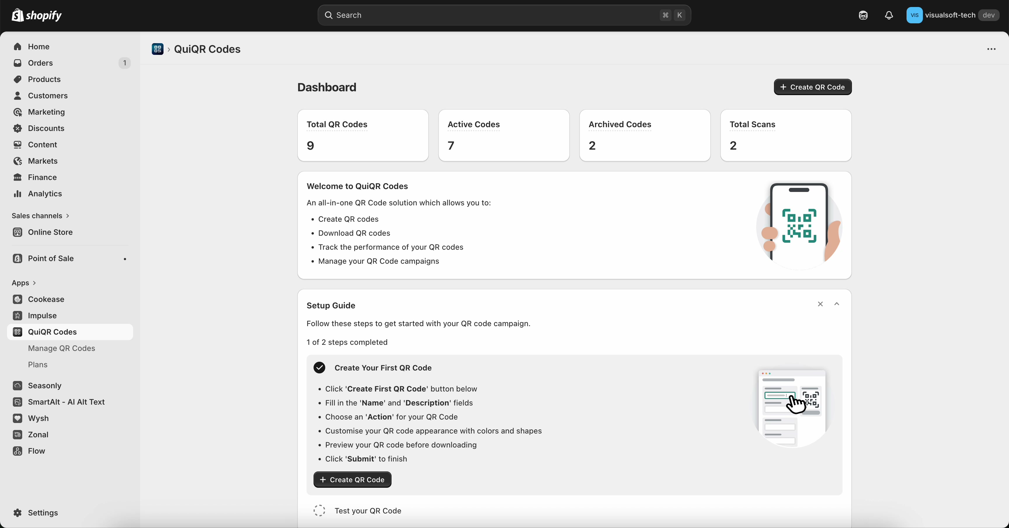 QuiQR Codes dashboard showing total QR codes, active/archived counts, total scans, and a Create QR Code button