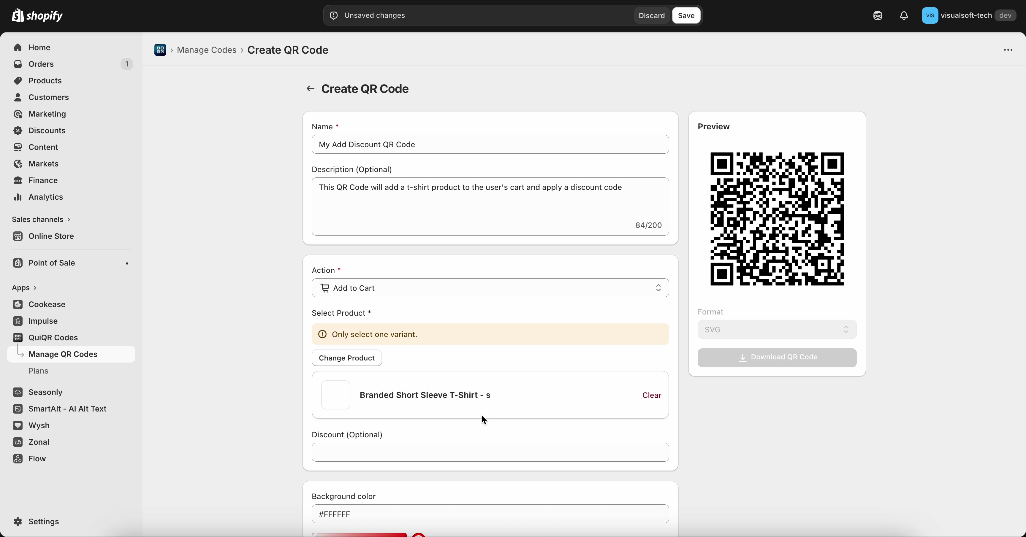 Create QR Code form showing Action set to Add to Cart, a selected product variant, and the Discount (Optional) field
