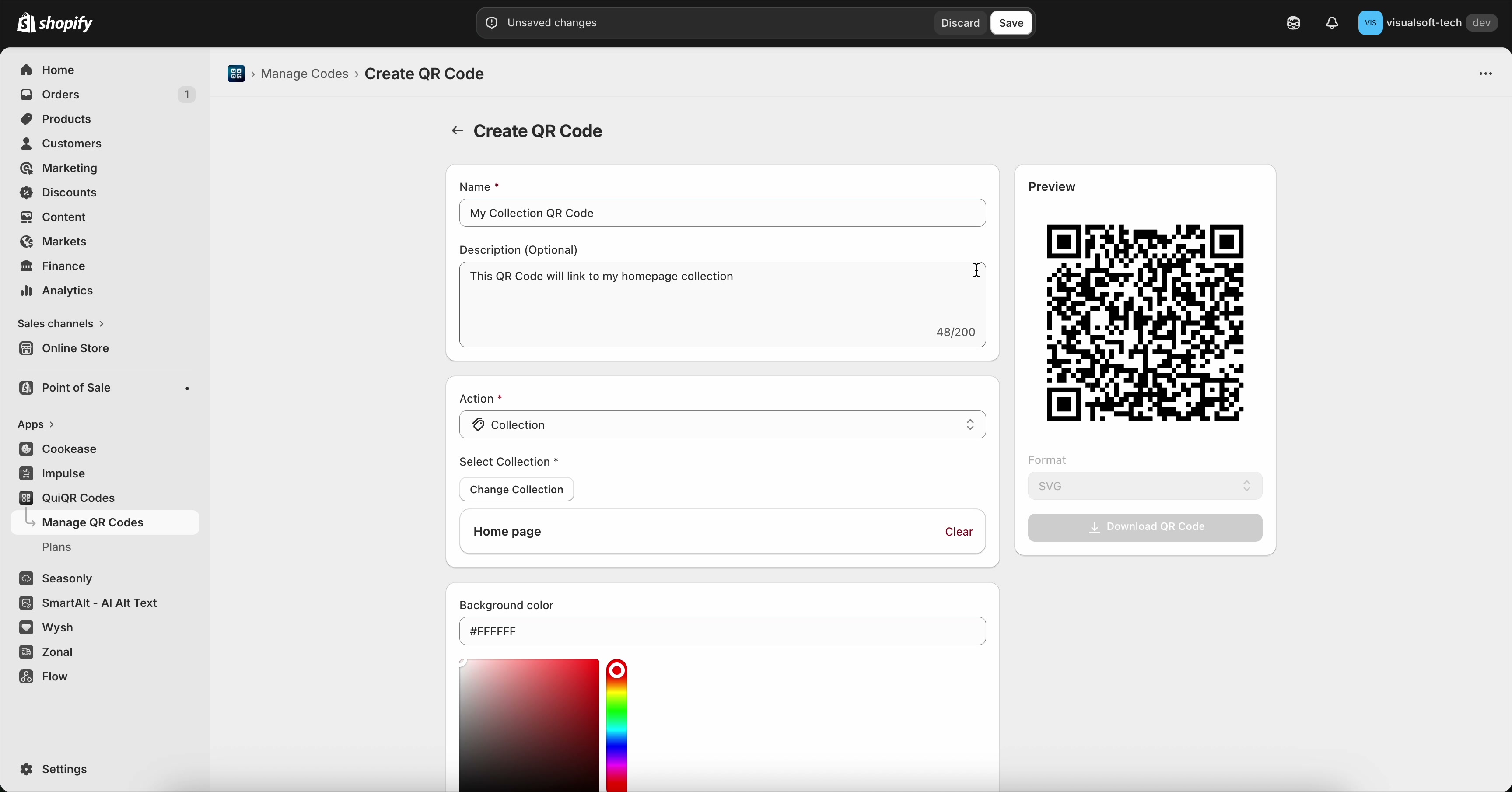 Create QR Code form with Action set to Collection and a selected collection shown under Select Collection
