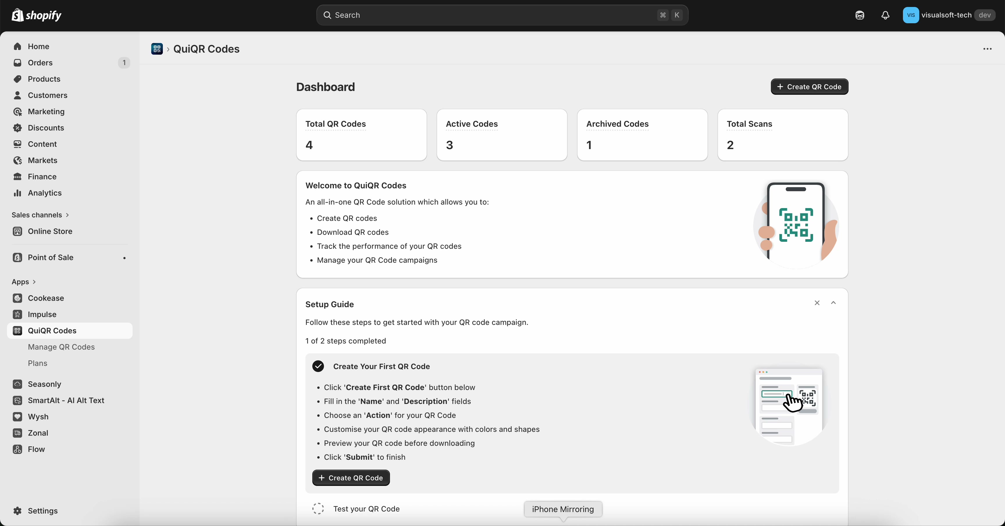 QuiQR Codes dashboard with setup guide and Create QR Code button