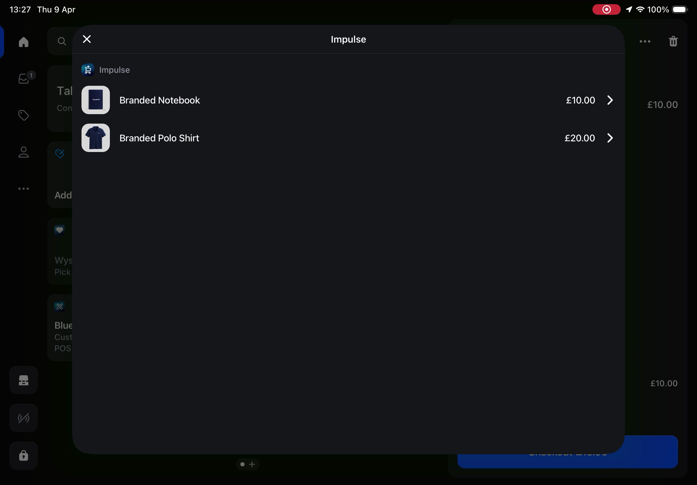 Impulse modal in Shopify POS listing available upsell products with images, names, prices, and arrows