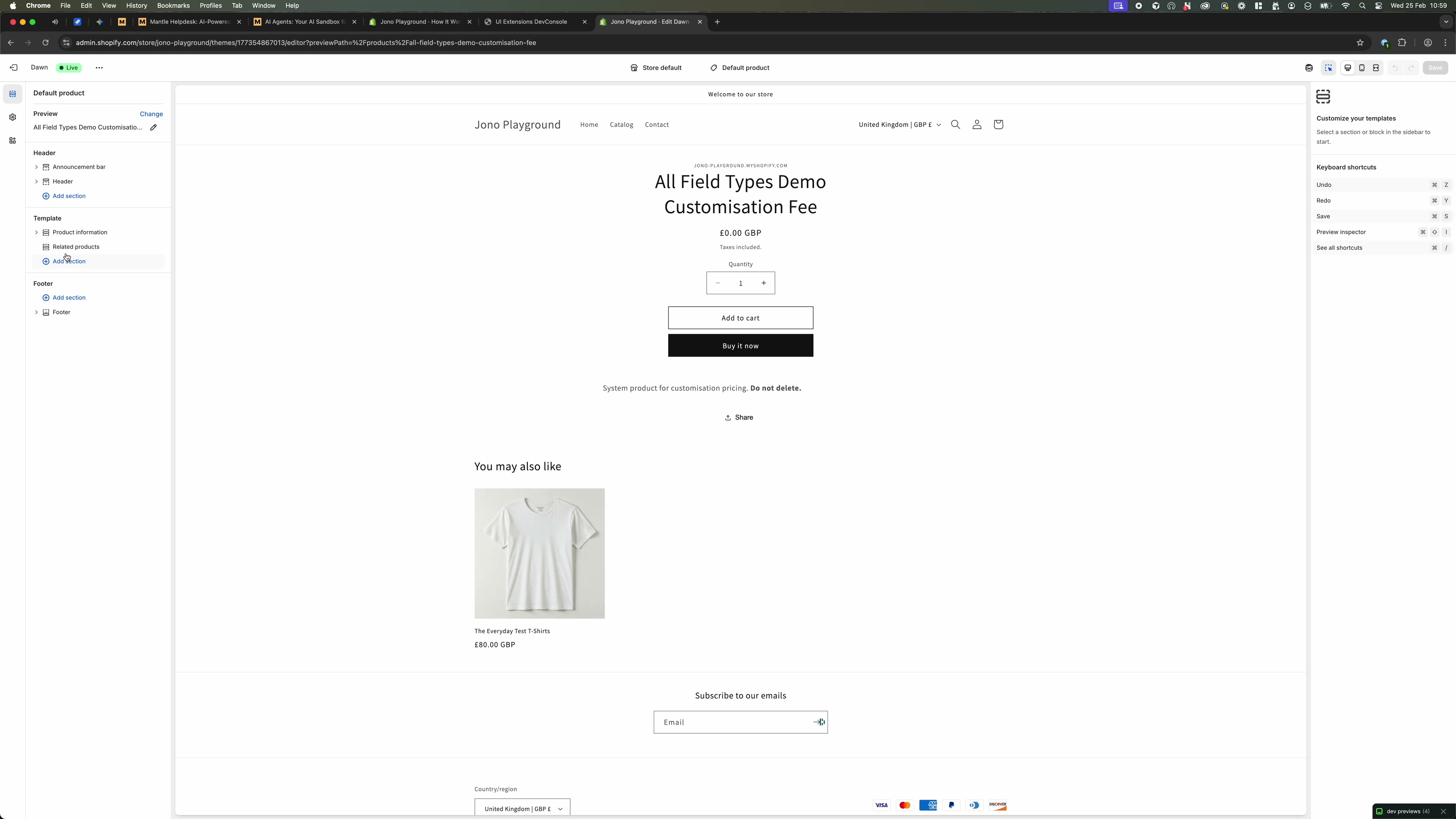 Default product template in the Theme editor with Add section option