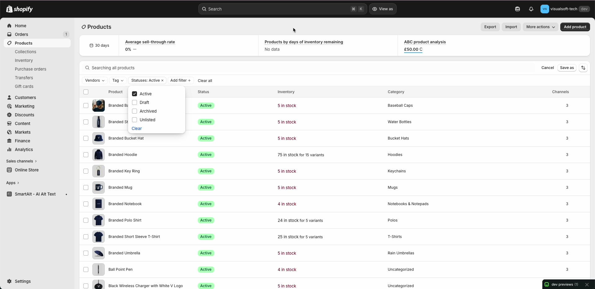 Statuses filter dropdown open on Shopify Products page