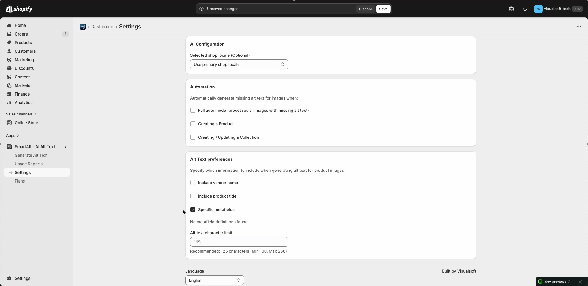 SmartAlt Settings showing Alt Text preferences with Specific metafields enabled