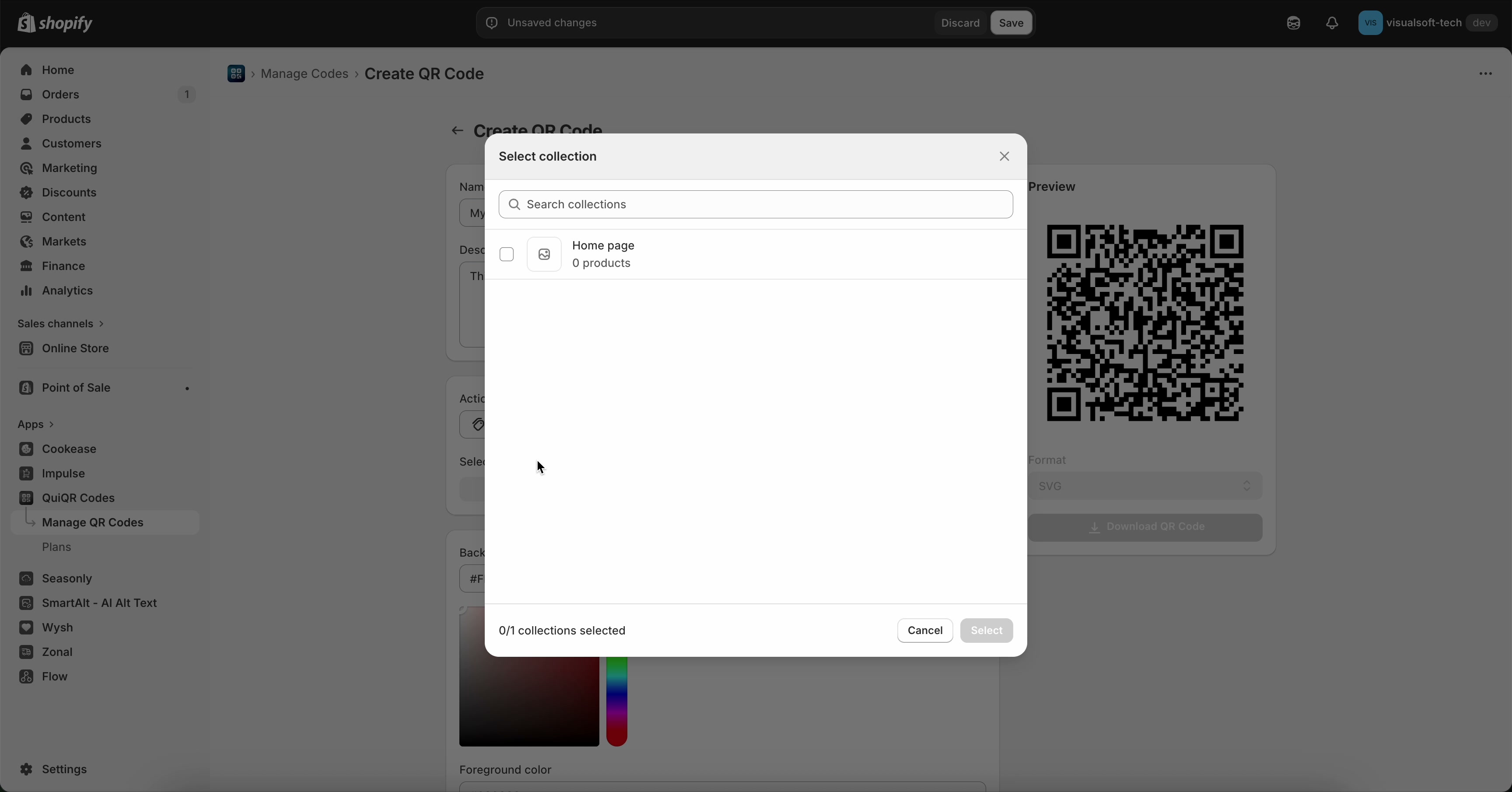 Select collection modal with Search collections field and Select button