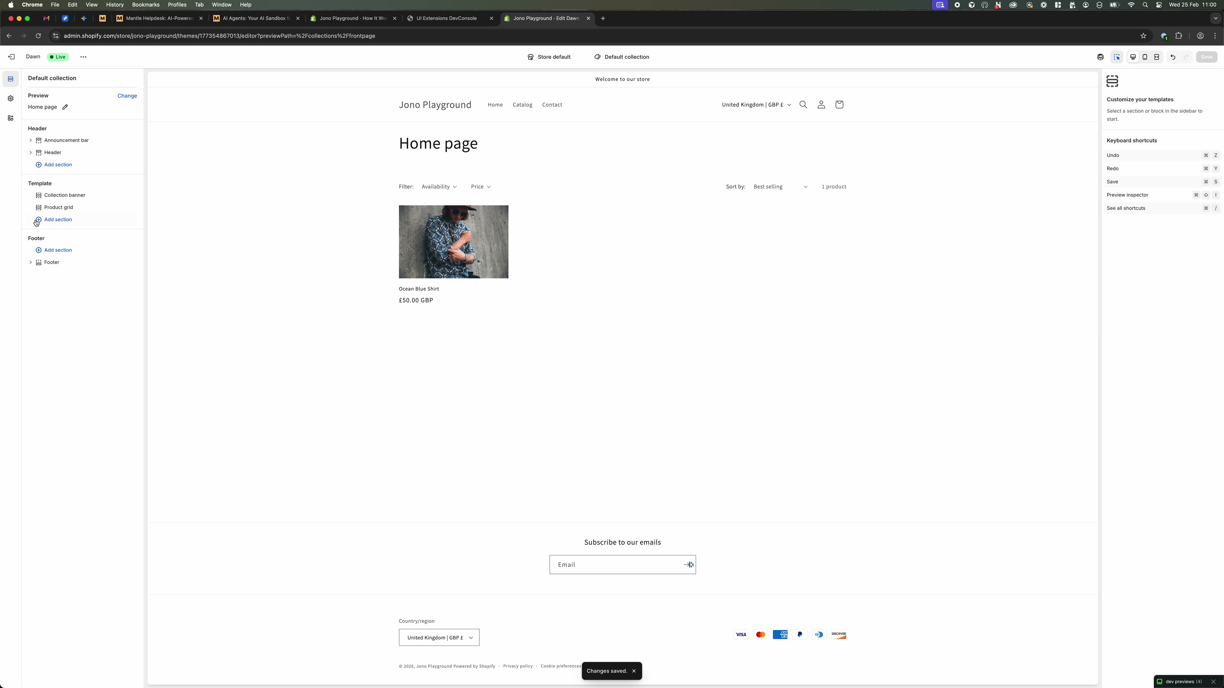 Theme editor home page view with Add section and the section selection popup