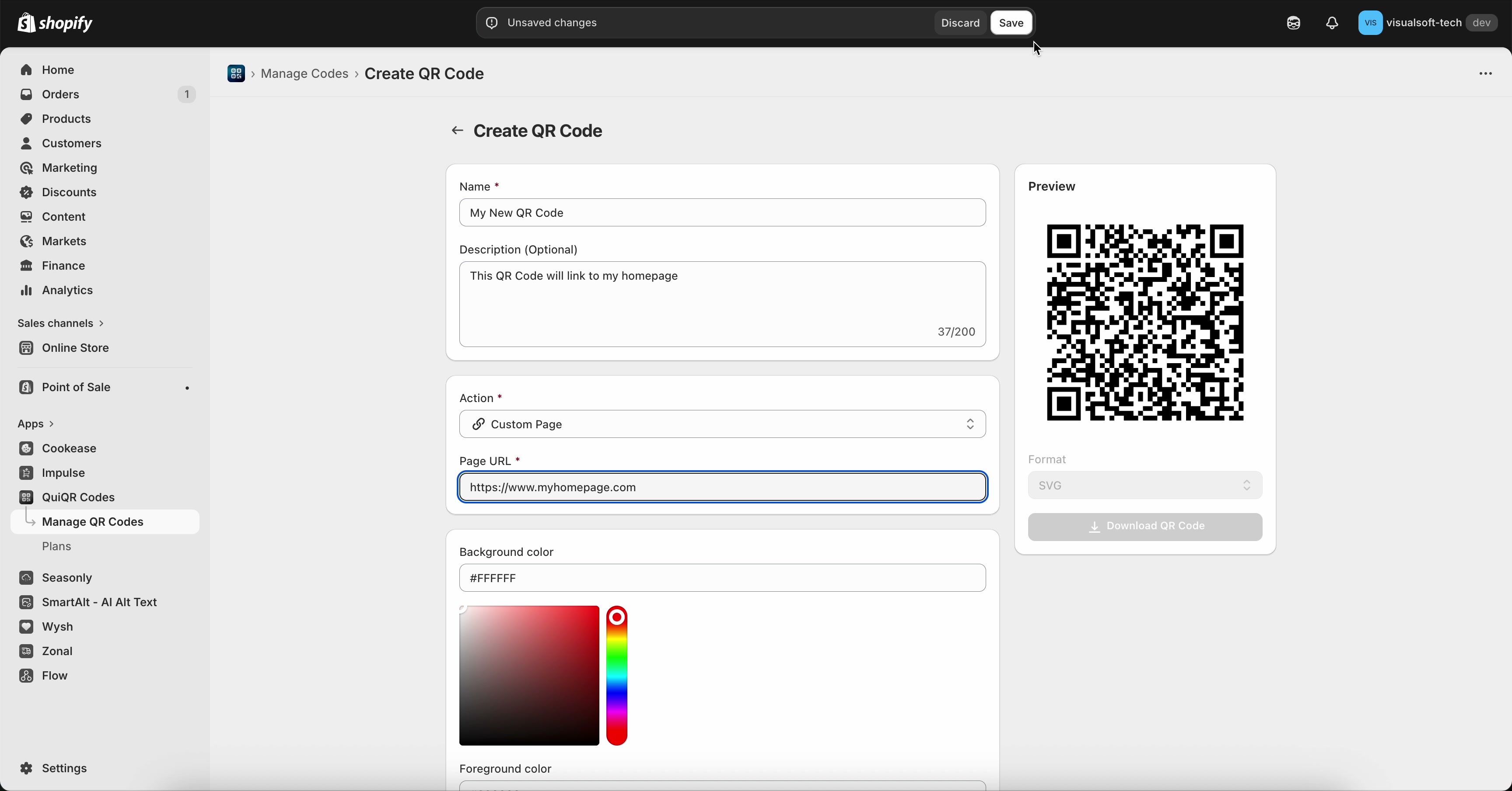 Final review of Create QR Code form with Custom Page action, Page URL set, and Save button