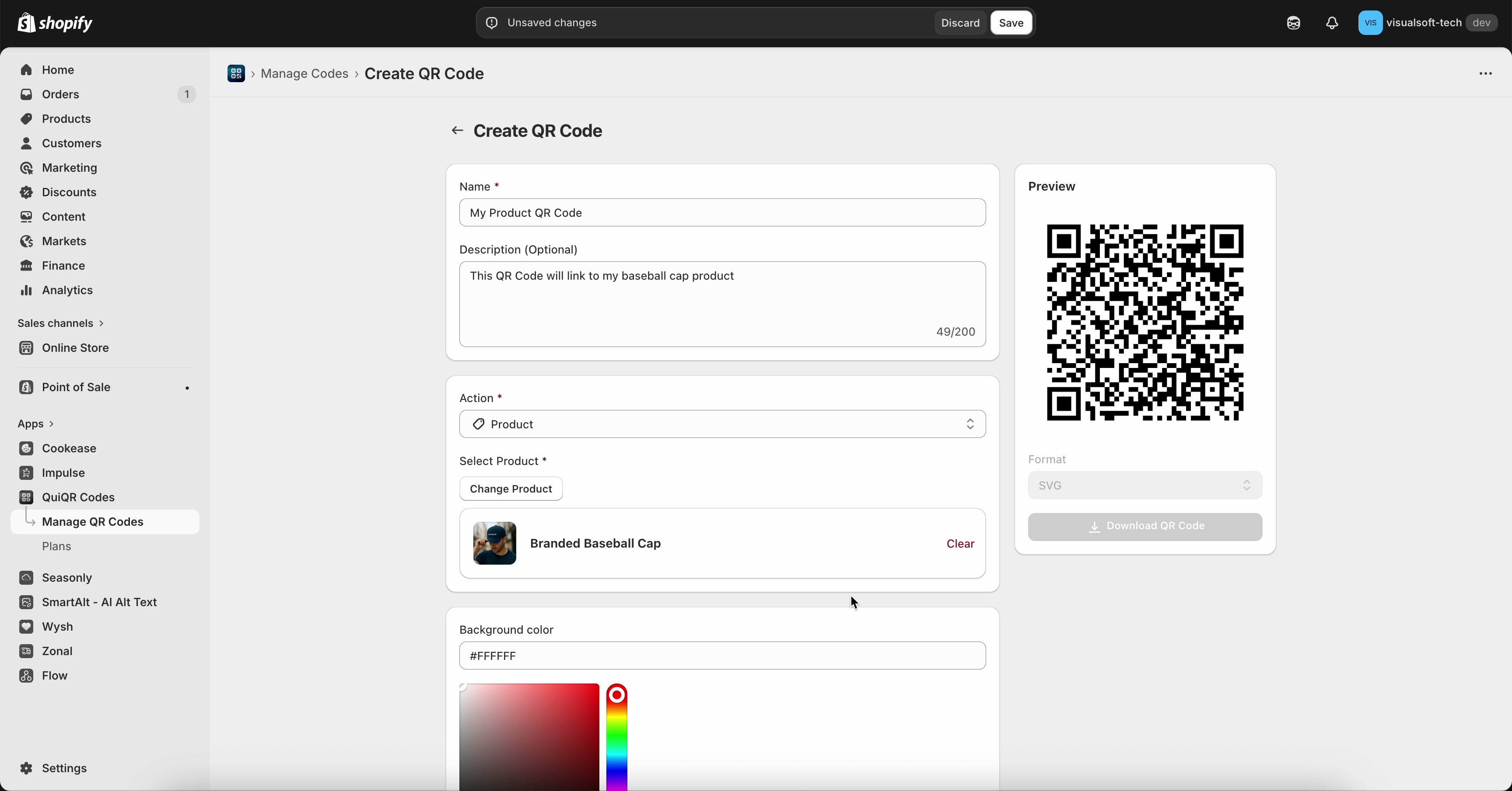 Create QR Code form showing a selected product under Select Product and the QR preview on the right
