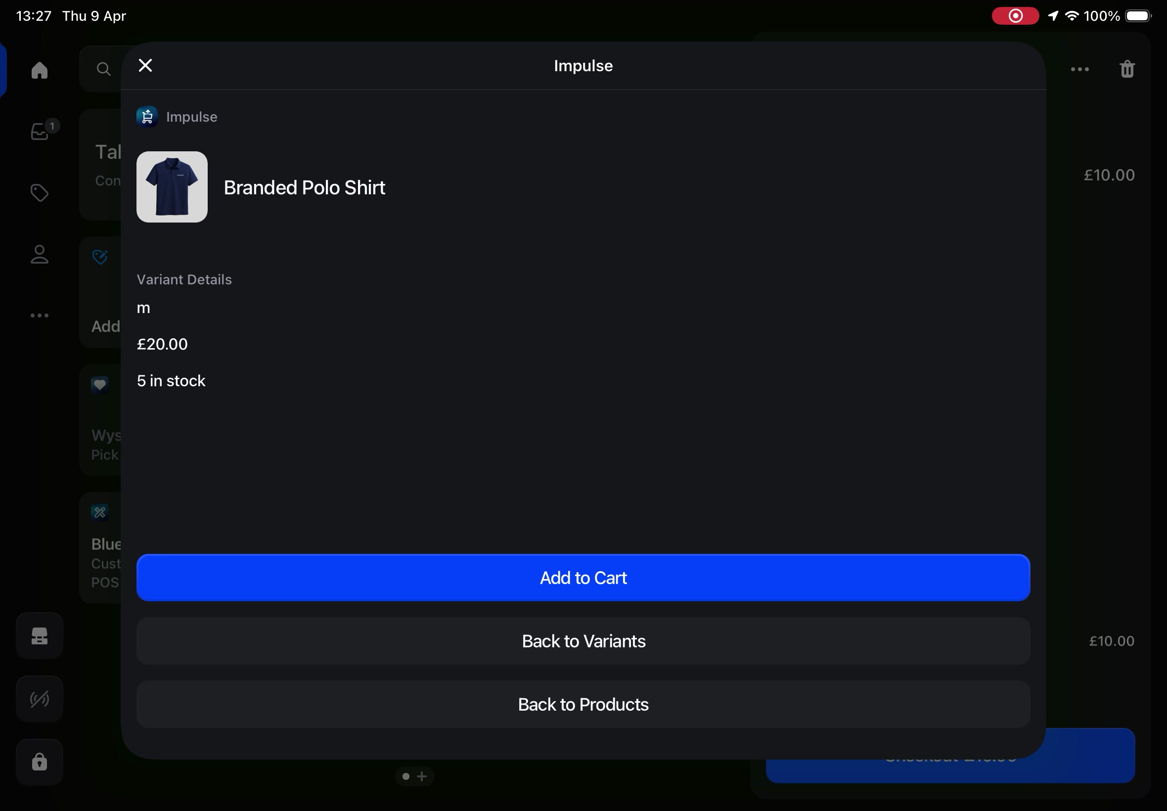 Impulse product detail view showing Variant Details, stock count, price, Add to Cart, Back to Variants, and Back to Products