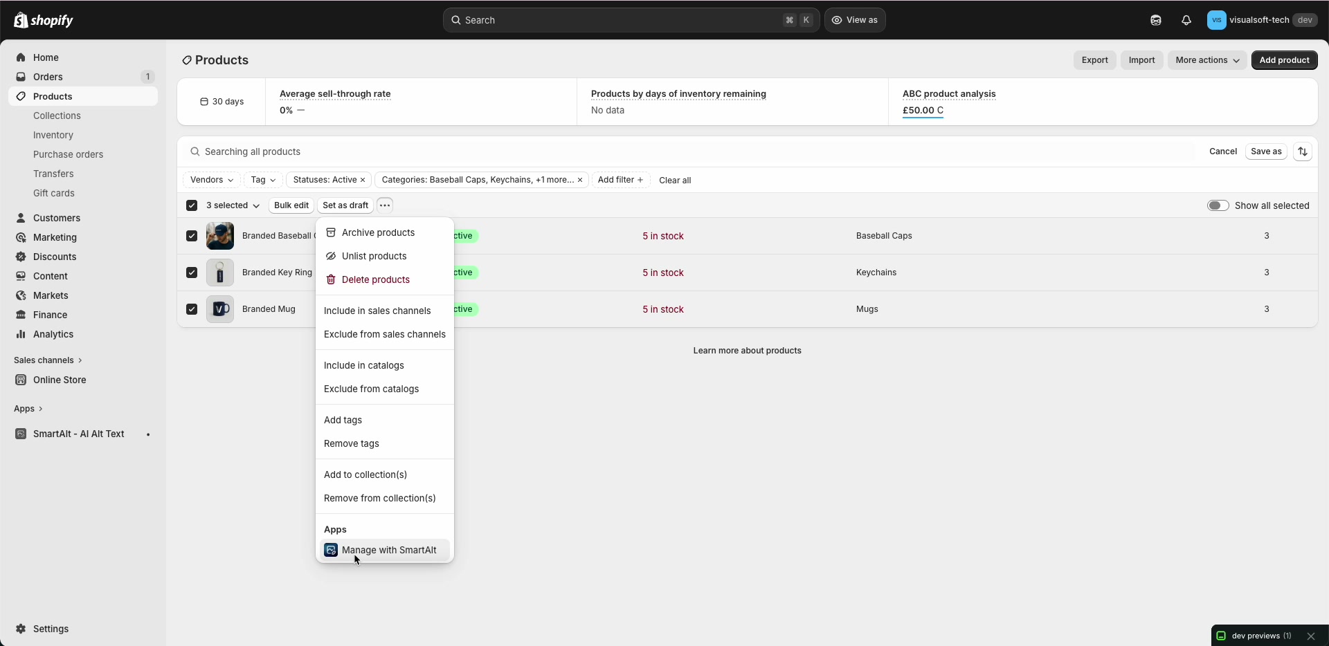 More actions menu open on Shopify Products page with “Manage with SmartAlt” highlighted