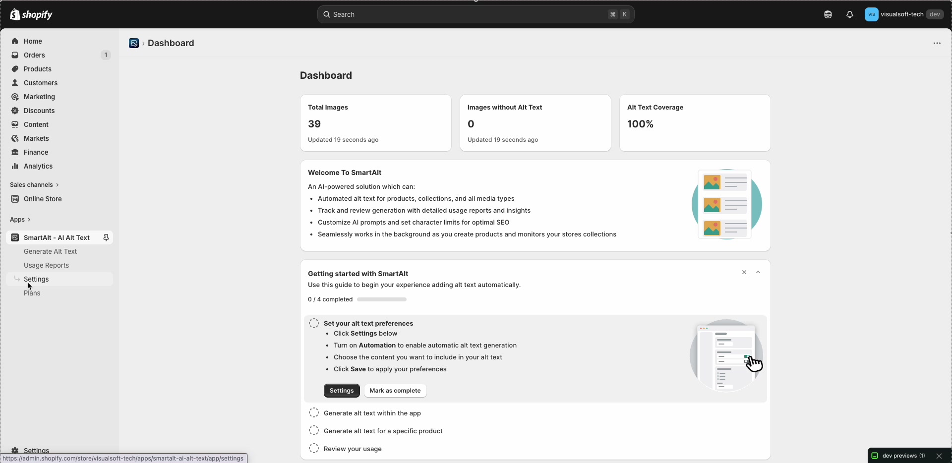 SmartAlt Dashboard showing Total Images, Images without Alt Text, and Alt Text Coverage