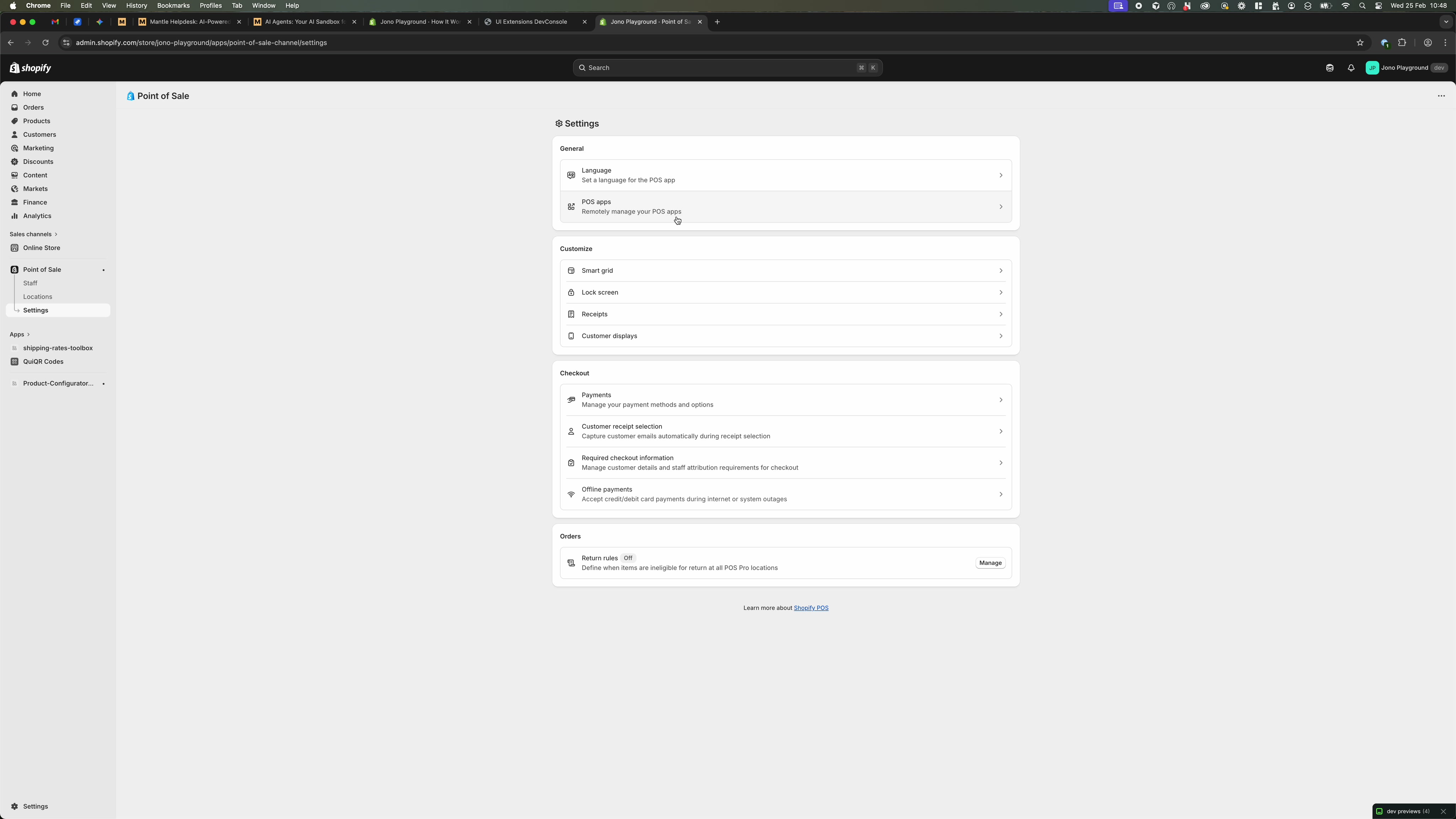 Point of Sale Settings page showing the Customize section