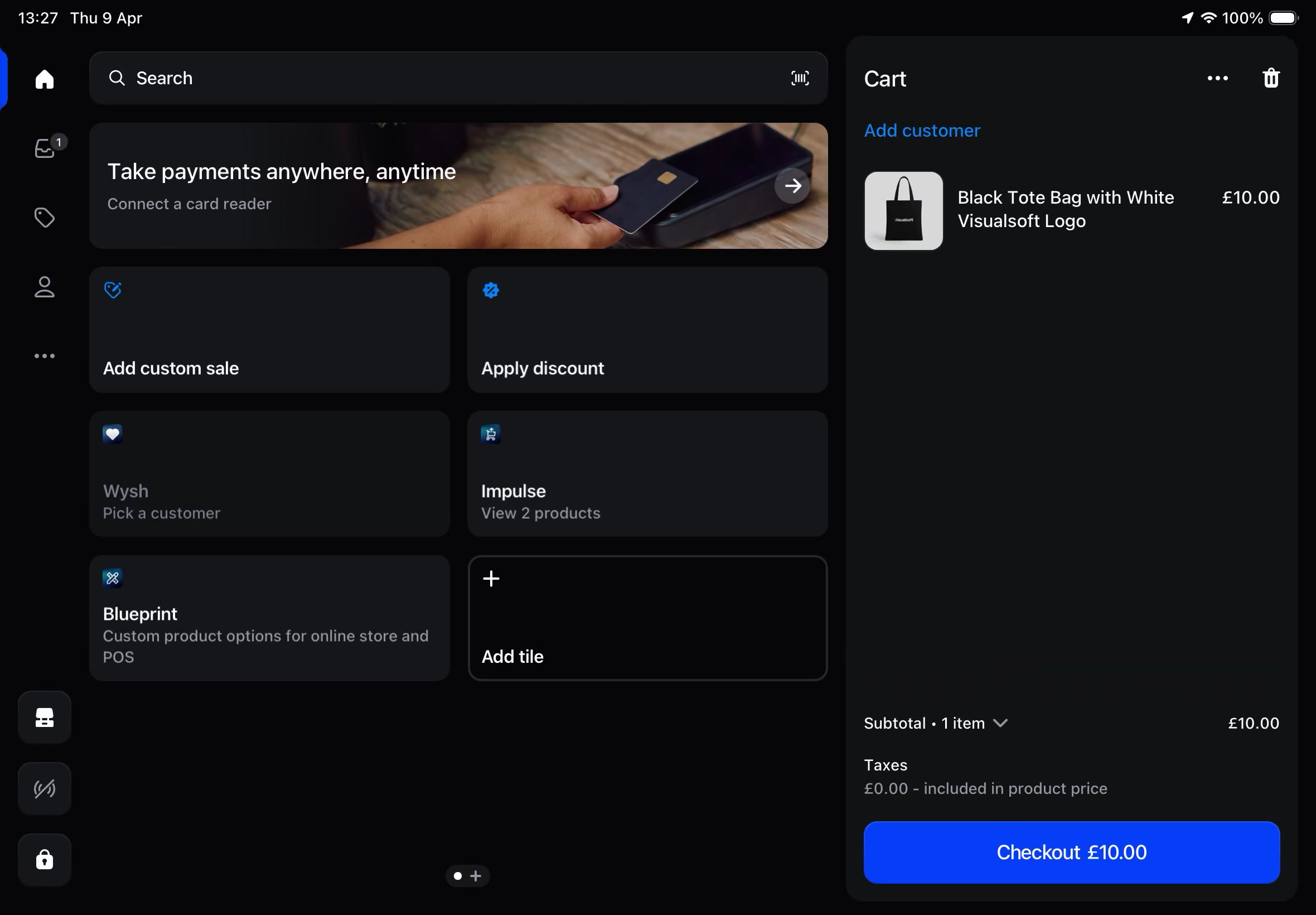 Shopify POS home screen showing the Impulse tile with the subtitle View 2 products next to other tiles and the cart