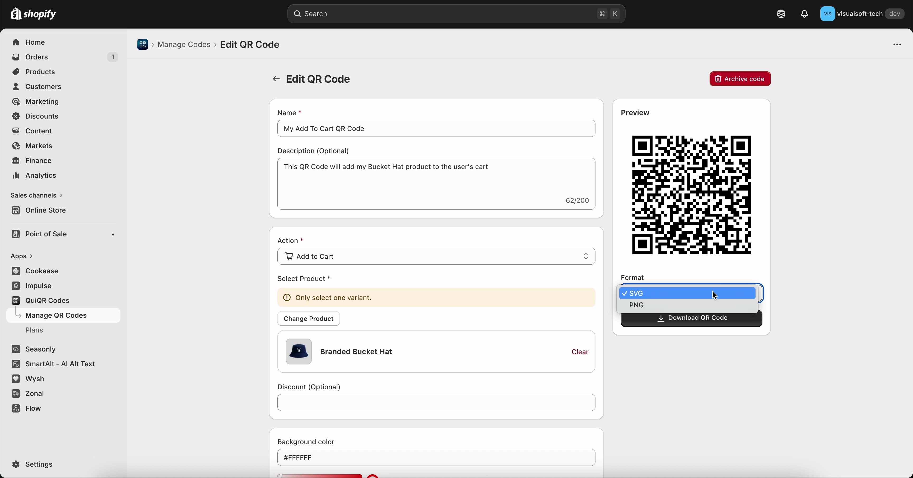 Edit QR Code page with Preview panel showing Format dropdown options SVG and PNG and the Download QR Code button
