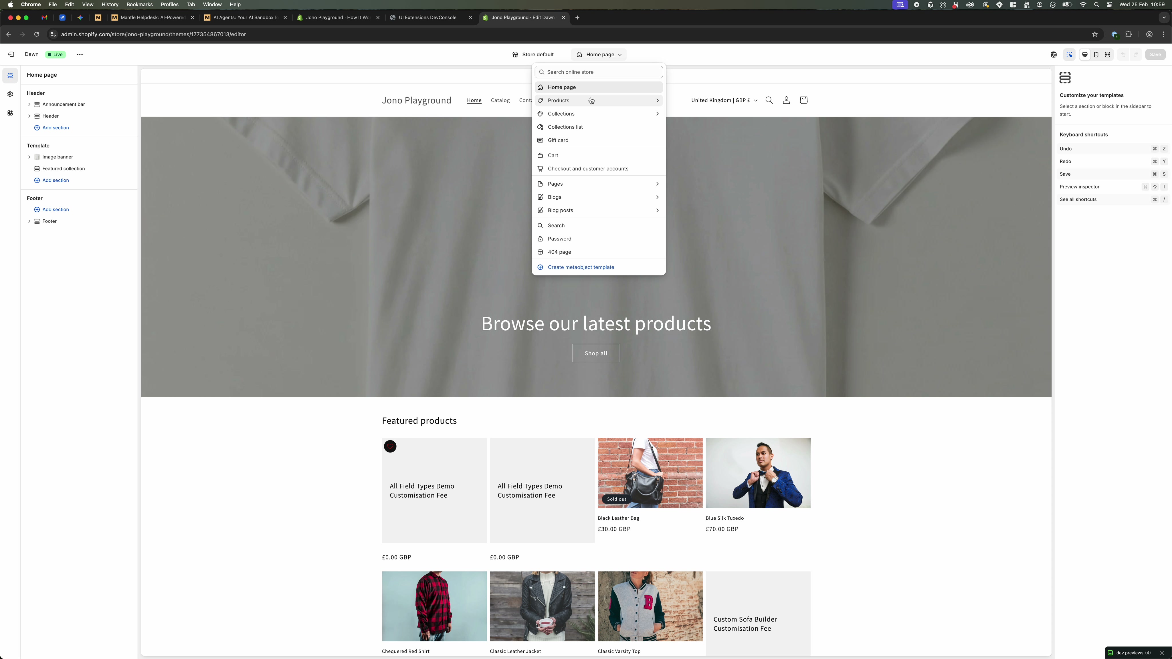 Theme editor with the page selector dropdown open
