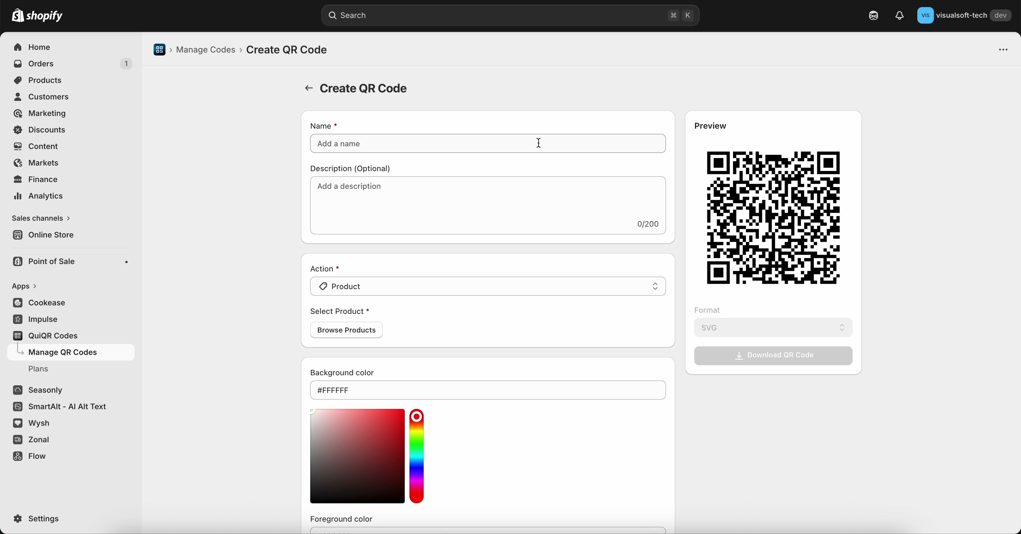 Create QR Code page with Name and Description fields, Action dropdown, and a QR code preview panel