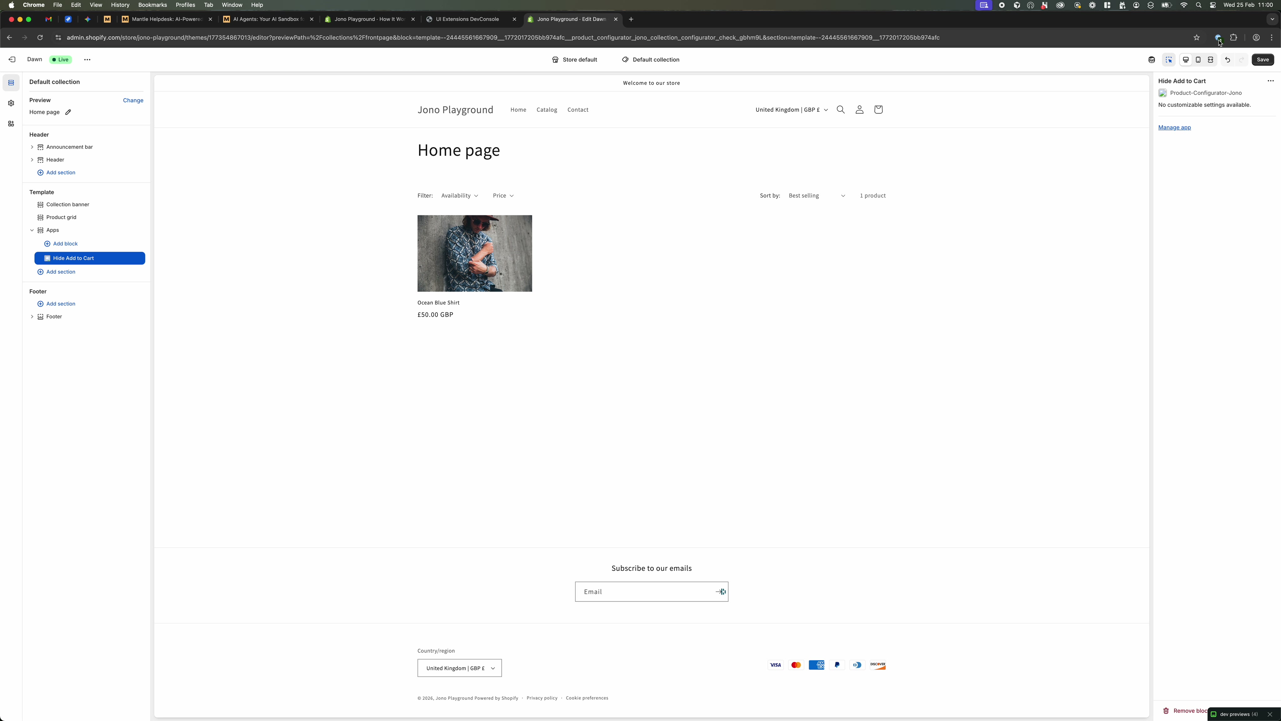 Blueprint Hide Add to Cart selected with settings shown in the right sidebar