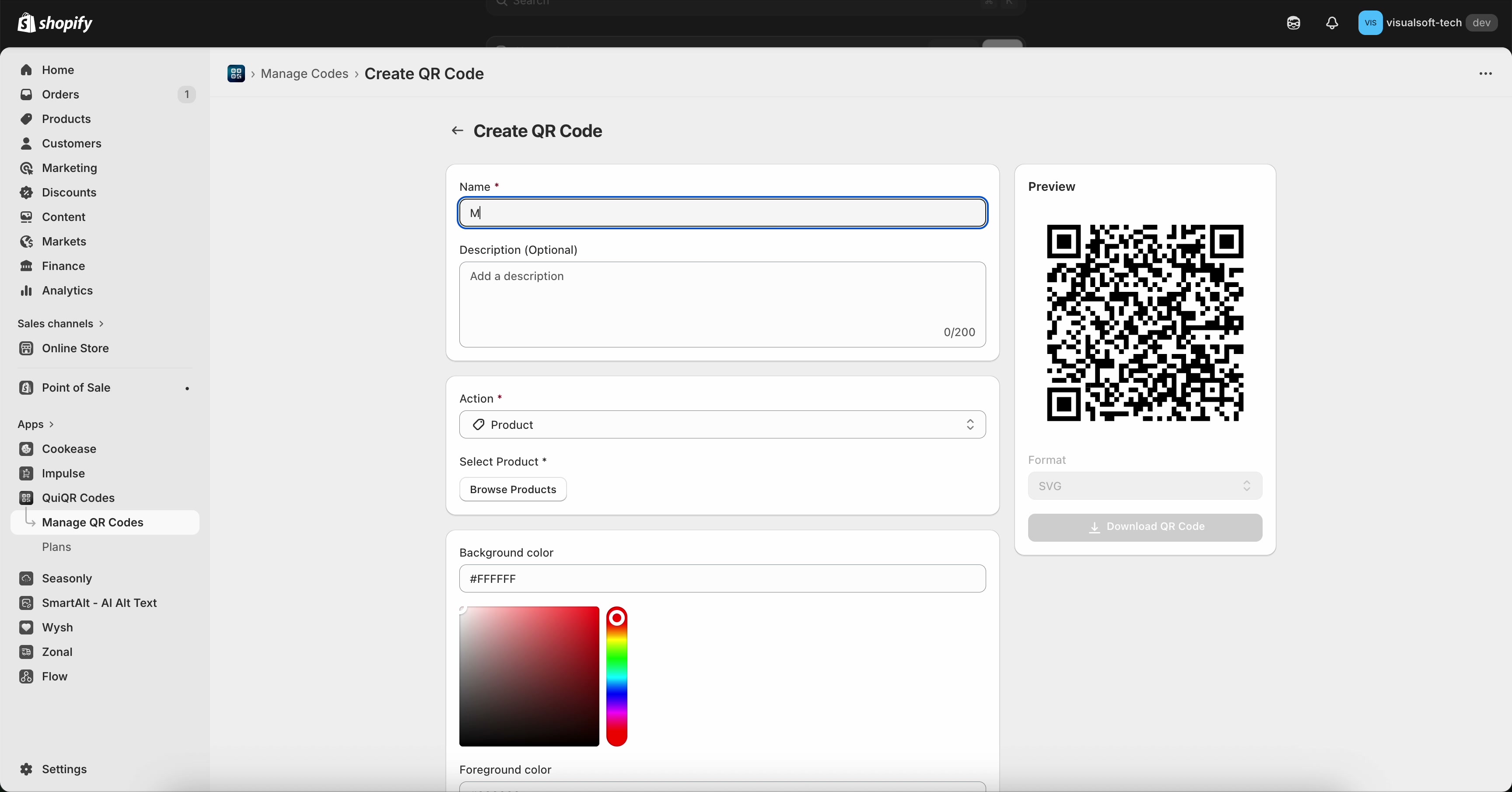 Create QR Code page with Name and Description fields, Action set to Product, Browse Products button, and a QR code preview