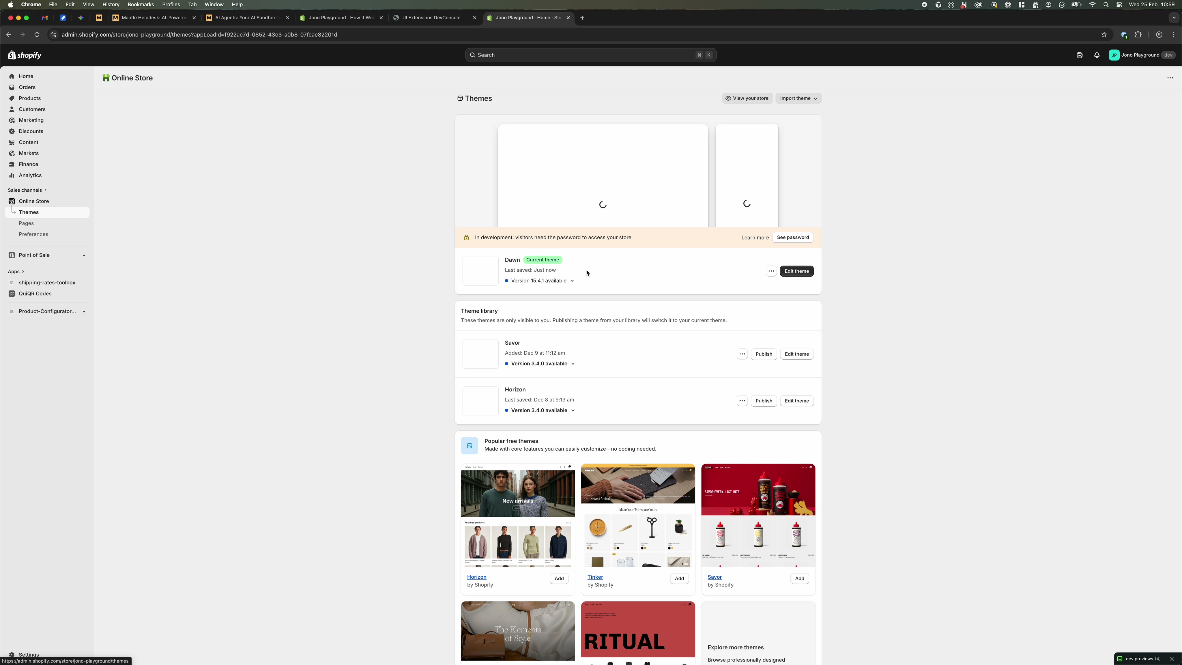 Shopify admin Themes page with the current theme and the Edit theme button