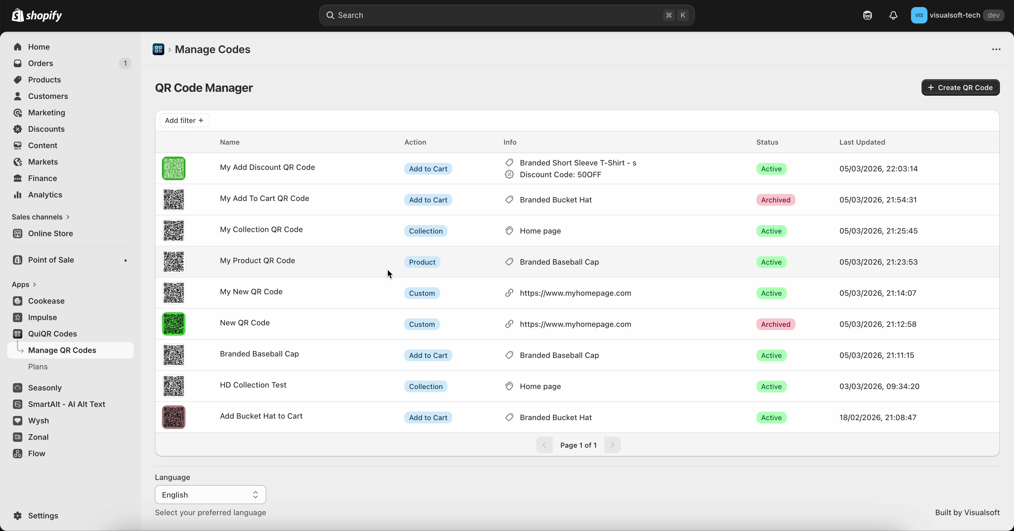 Manage Codes page with the QR Code Manager table showing QR code name, action, info, status, and last updated