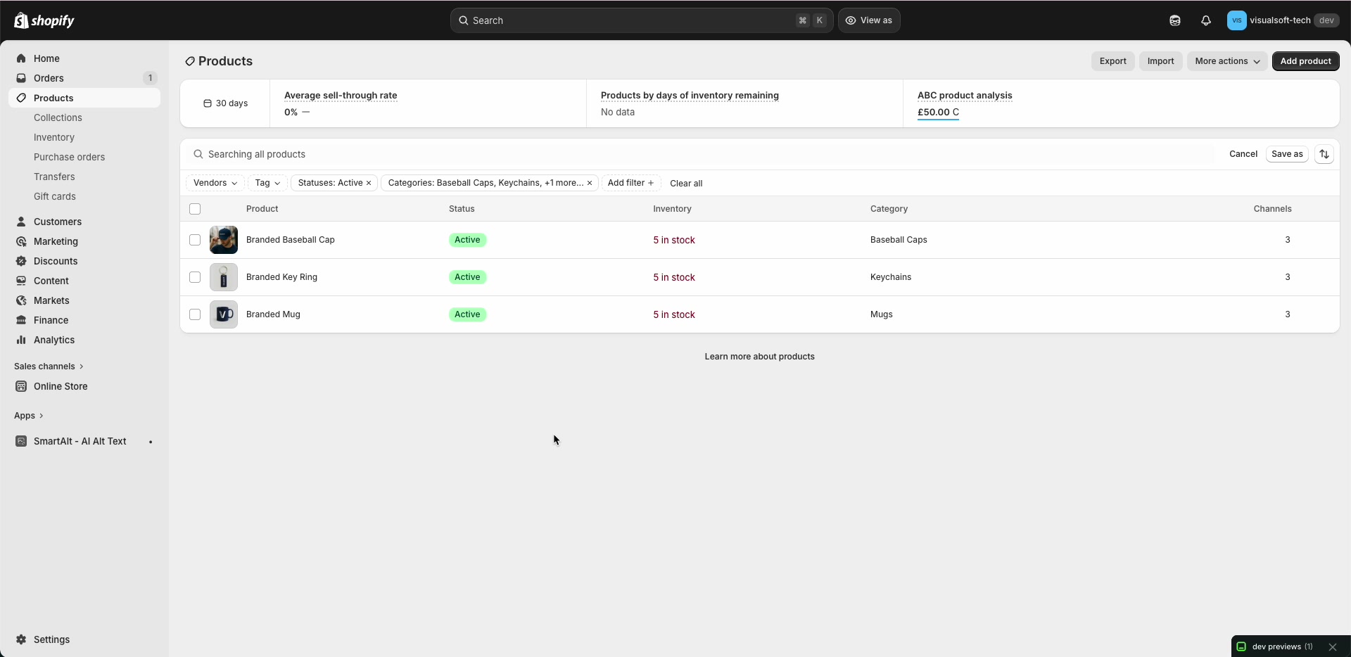 Shopify Products list filtered by Status and Categories