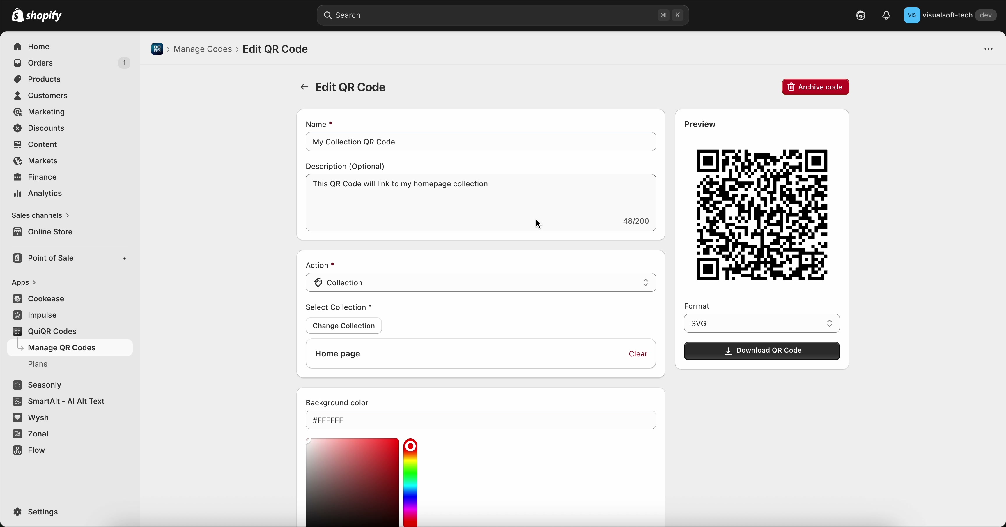 Edit QR Code screen showing Name, Description, Action selection, a Preview panel, format dropdown, and a Download QR Code button