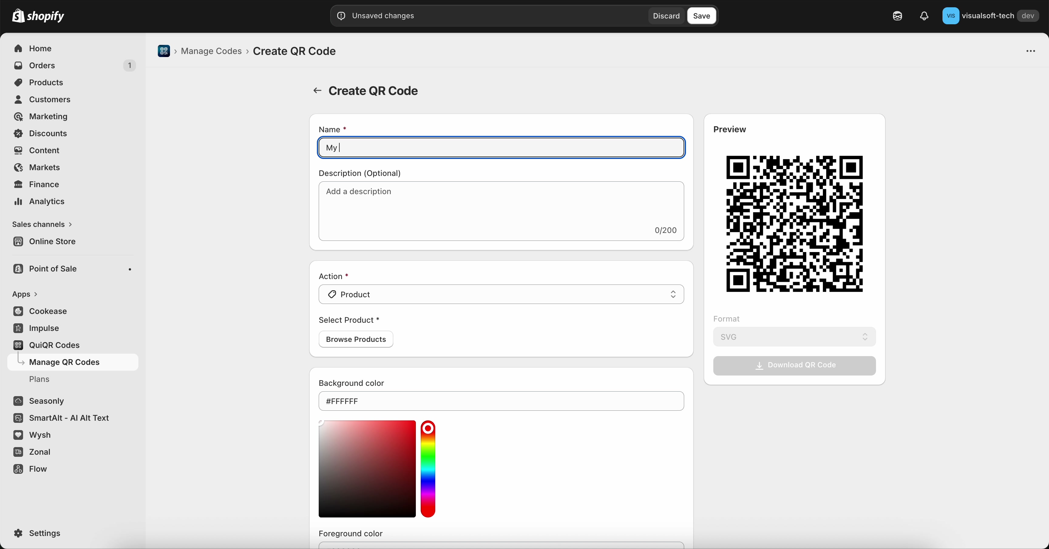 Create QR Code page with Name and Description fields and a QR Preview panel