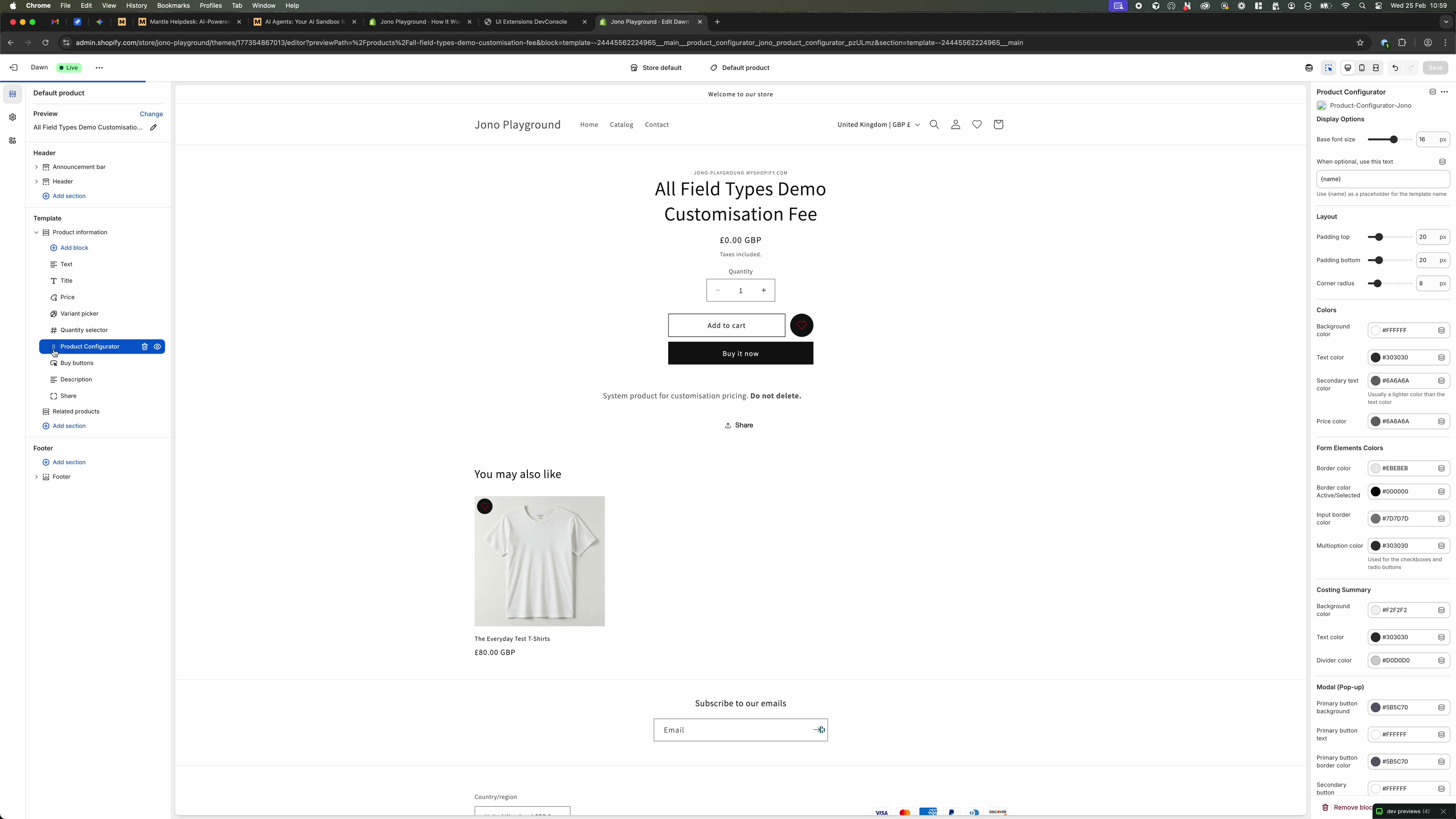 Blueprint Product Configurator block selected with customization settings visible in the right sidebar