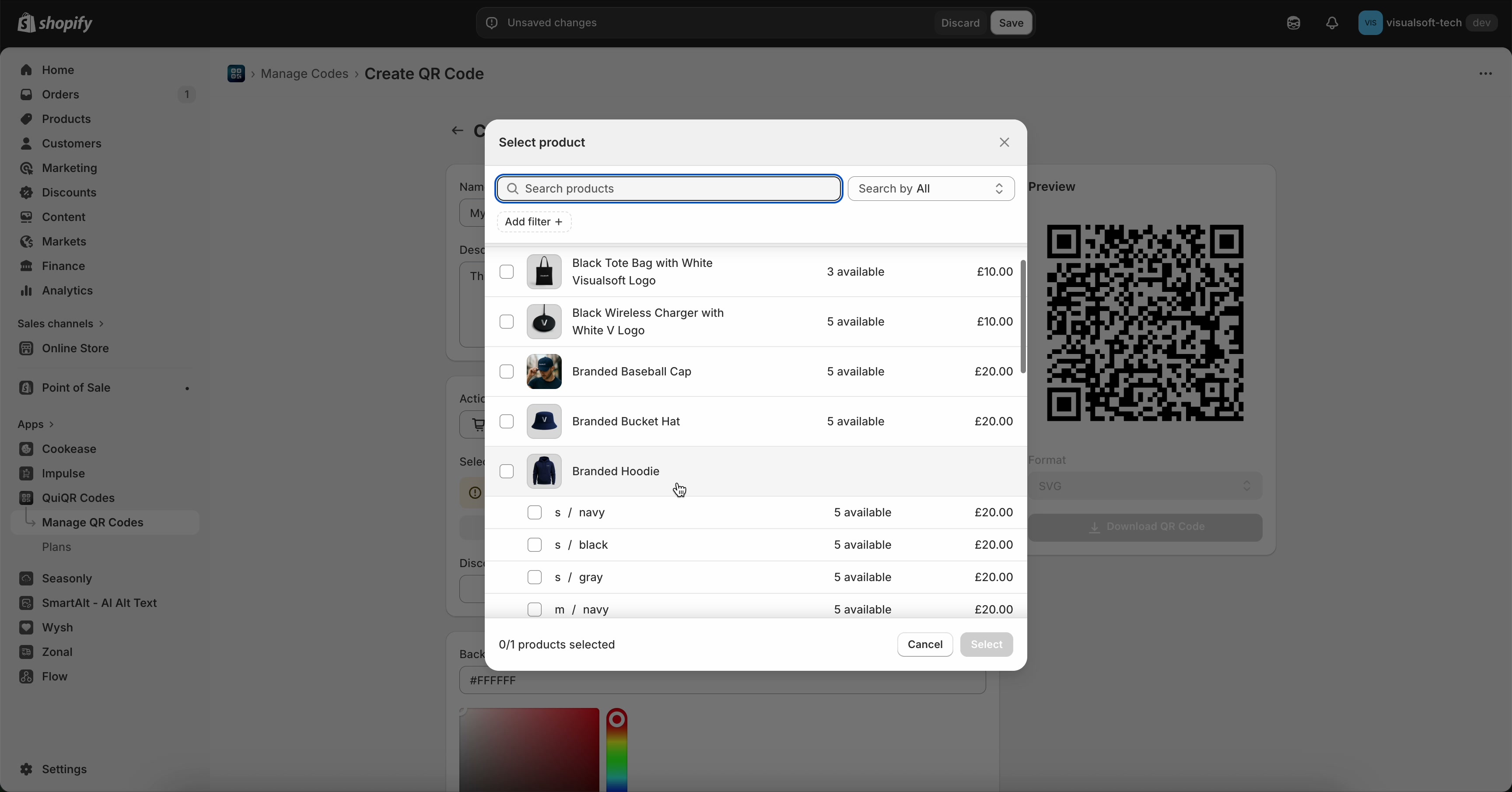 Select product modal with search field, product list, and Select button