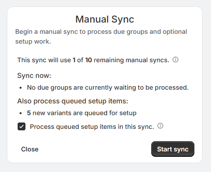 Manual sync modal showing no due groups and an option to process queued setup items