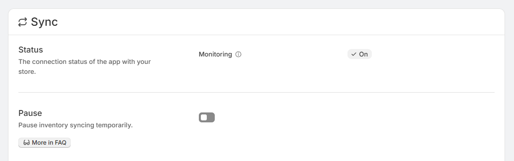 Sync page showing monitoring status set to On and the Pause toggle turned off