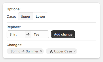 SKU formatting options for changing case and replacing text in bulk