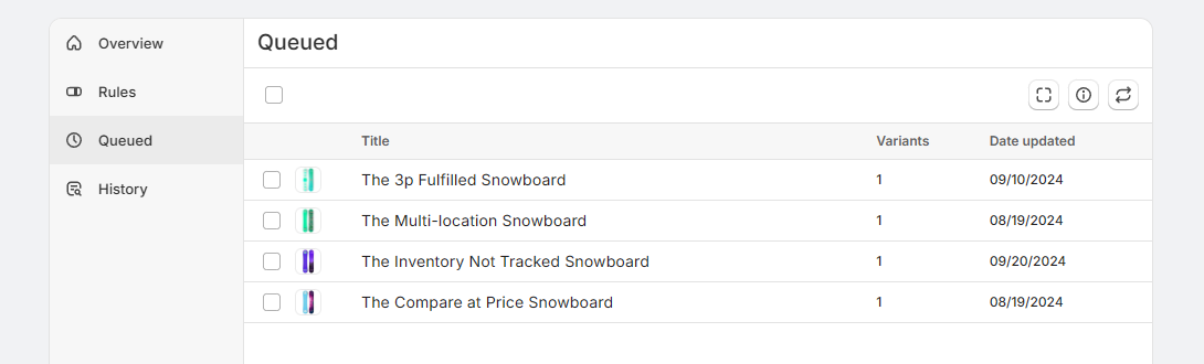 Queued tab showing newly created products waiting to be processed by automatic SKU generation