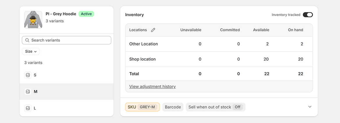 Shopify variant page showing a variant with SKU GREY-M stocked at multiple locations
