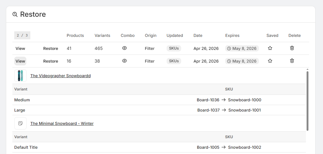 Restore history page in SKU Manager showing restore points and before-and-after SKU changes
